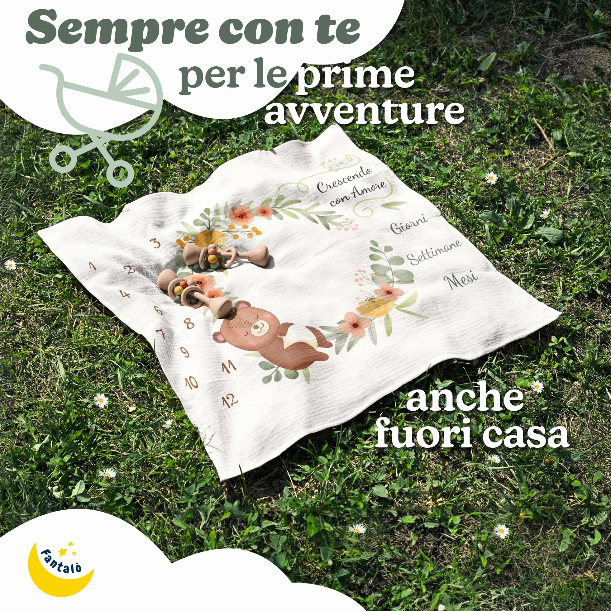 Coperta Mesi Neonato per Foto in Italiano Unisex - Tappeto Complimese Neonata Crearicordi - Idea Regalo Nascita Bimbo Indispensabile per Neogenitori (Orsacchiotto)