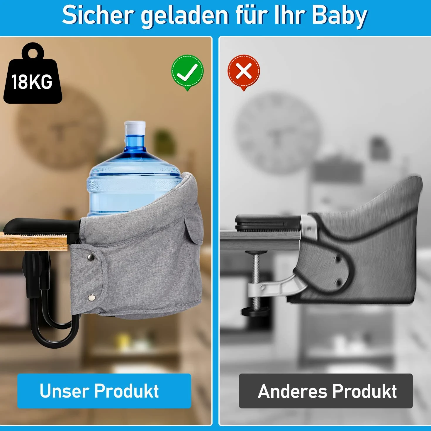 Herrselsam Seggiolino pieghevole per bambini, seggiolone per bambini, seggiolino da tavolo per bambini per casa e viaggi con borsa da trasporto, caricabile fino a 18 kg (grigio)
