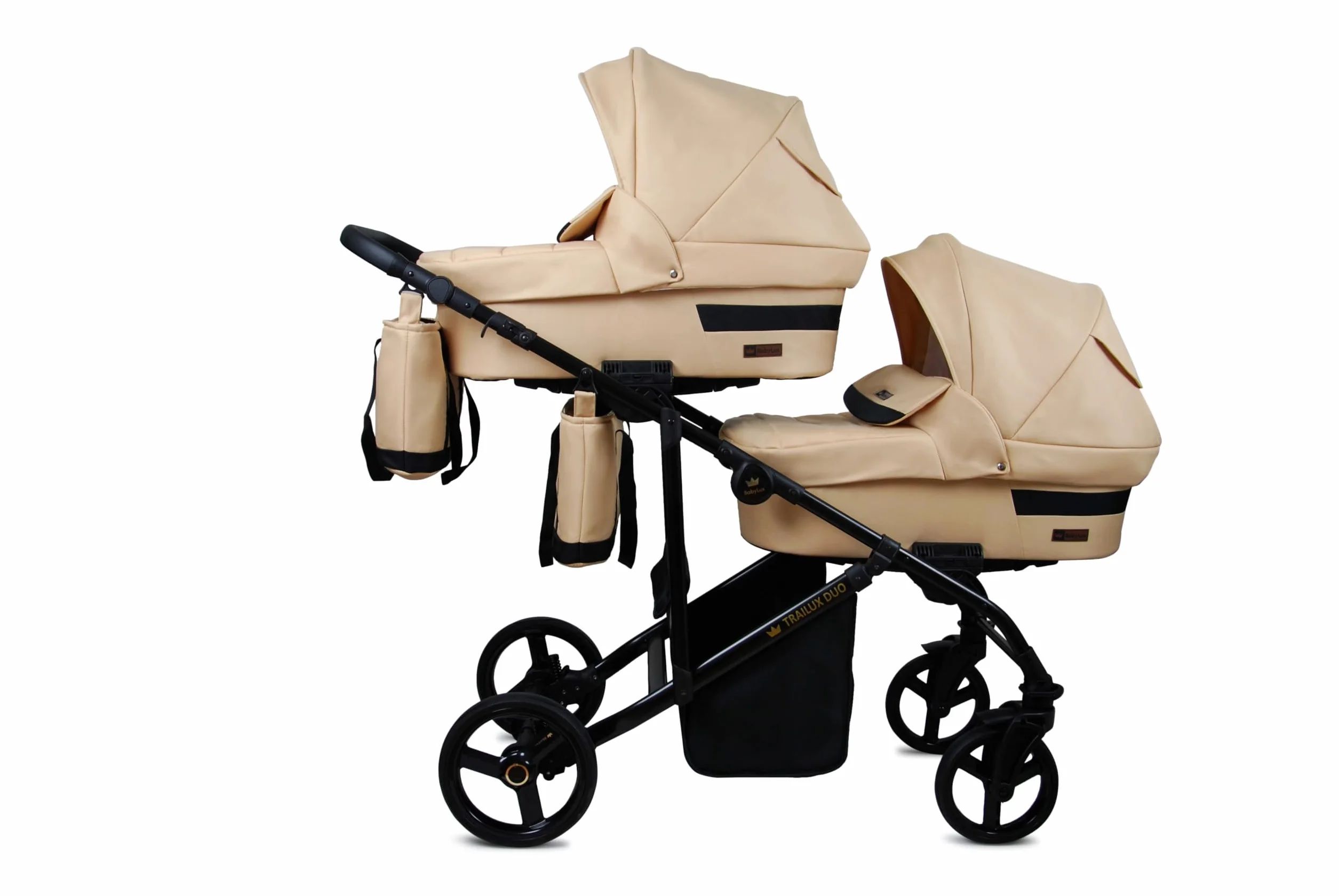 BabyLux® Bambini Passeggino per gemelli Completo Set 3 in 1 - Duo | Beige - incl. Navicella, Canna, Seggiolino Auto - Carrozzina Neonati Sistema Combinato - con Borsa fasciatoio, Copertura antipioggia
