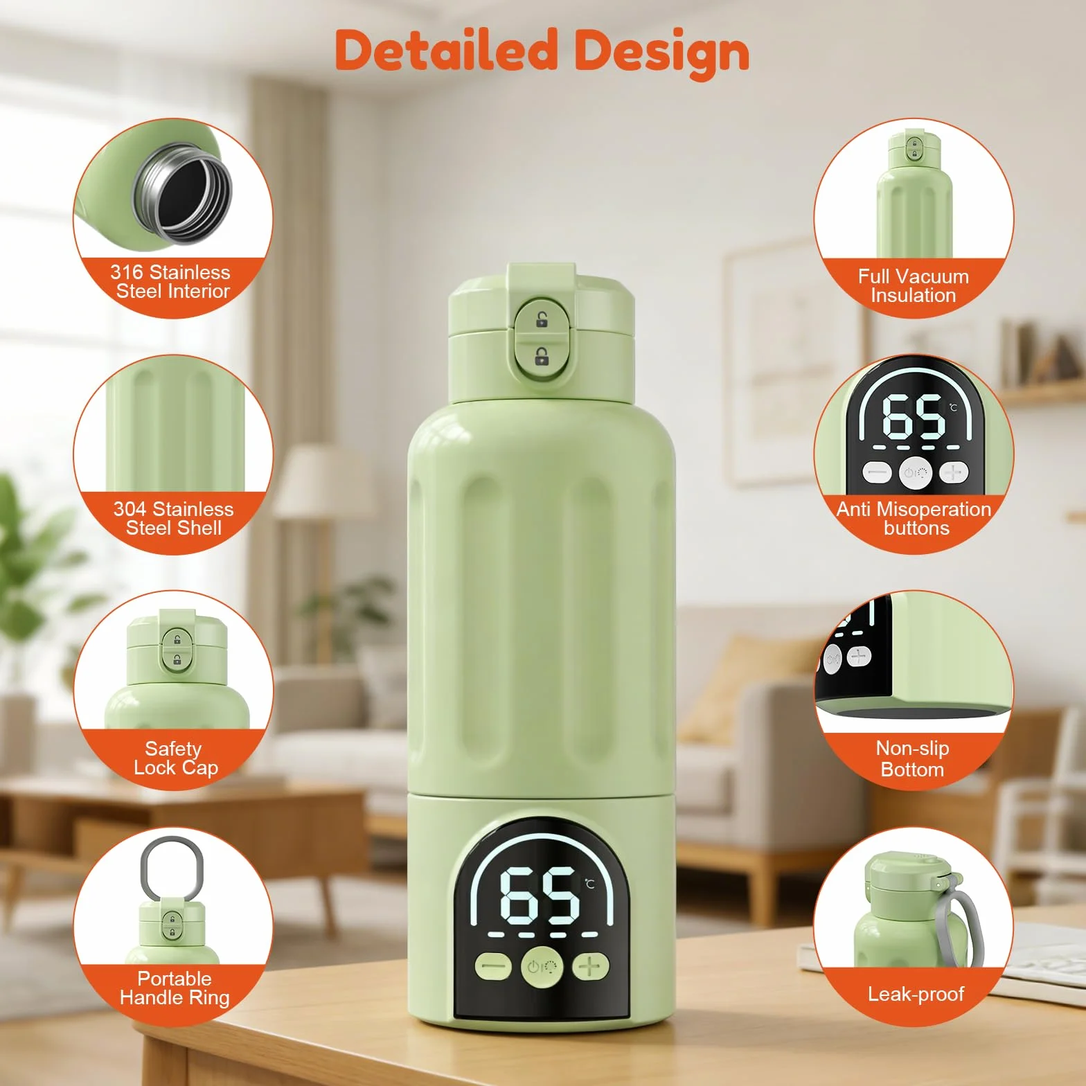 Scaldabiberon, Riscaldamento Rapido e Lunga Durata della Batteria 12000mAh, Controllo della Temperatura, 500ml Scaldabiberon per Tutto il Giorno per Latte Materno, Formula o Acqua (Verde)