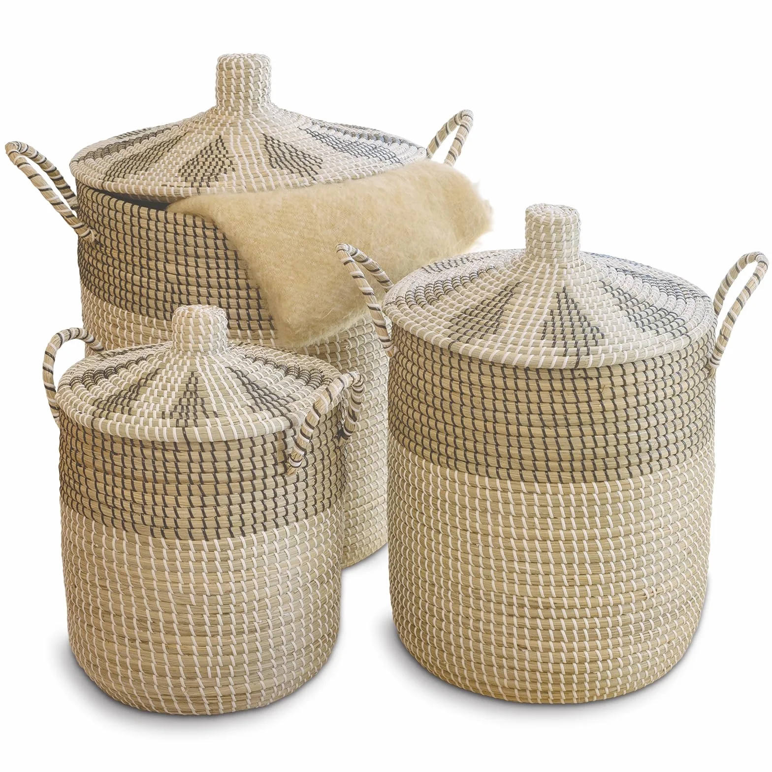 3 Pz 76L+43L+26L Set di Cestini per la Biancheria con Coperchio e Sacchetti Interni, Cesto Intrecciato, Fatto a Mano, Cesto Portaoggetti con Manici in Salice per Bagno o Cameretta dei Bambini, per