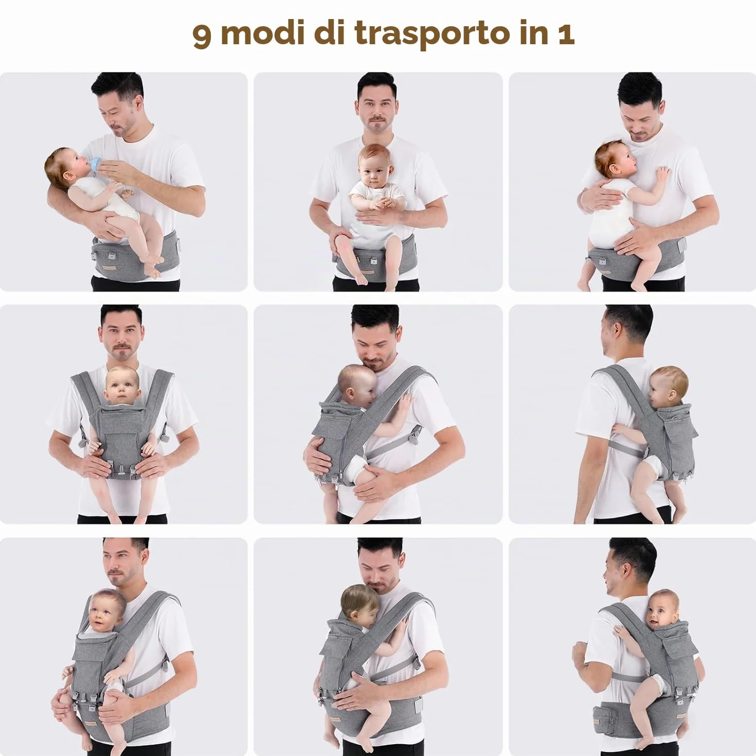 Fascia Neonato, 9-in-1 Regolabile Marsupio Neonati Ergonomico, Confortevole e Leggero, Sedile con Supporto Lombare, Marsupio Bambino da 0-36 Mesi, Ideale per Genitori a Mani Libere, Grigio