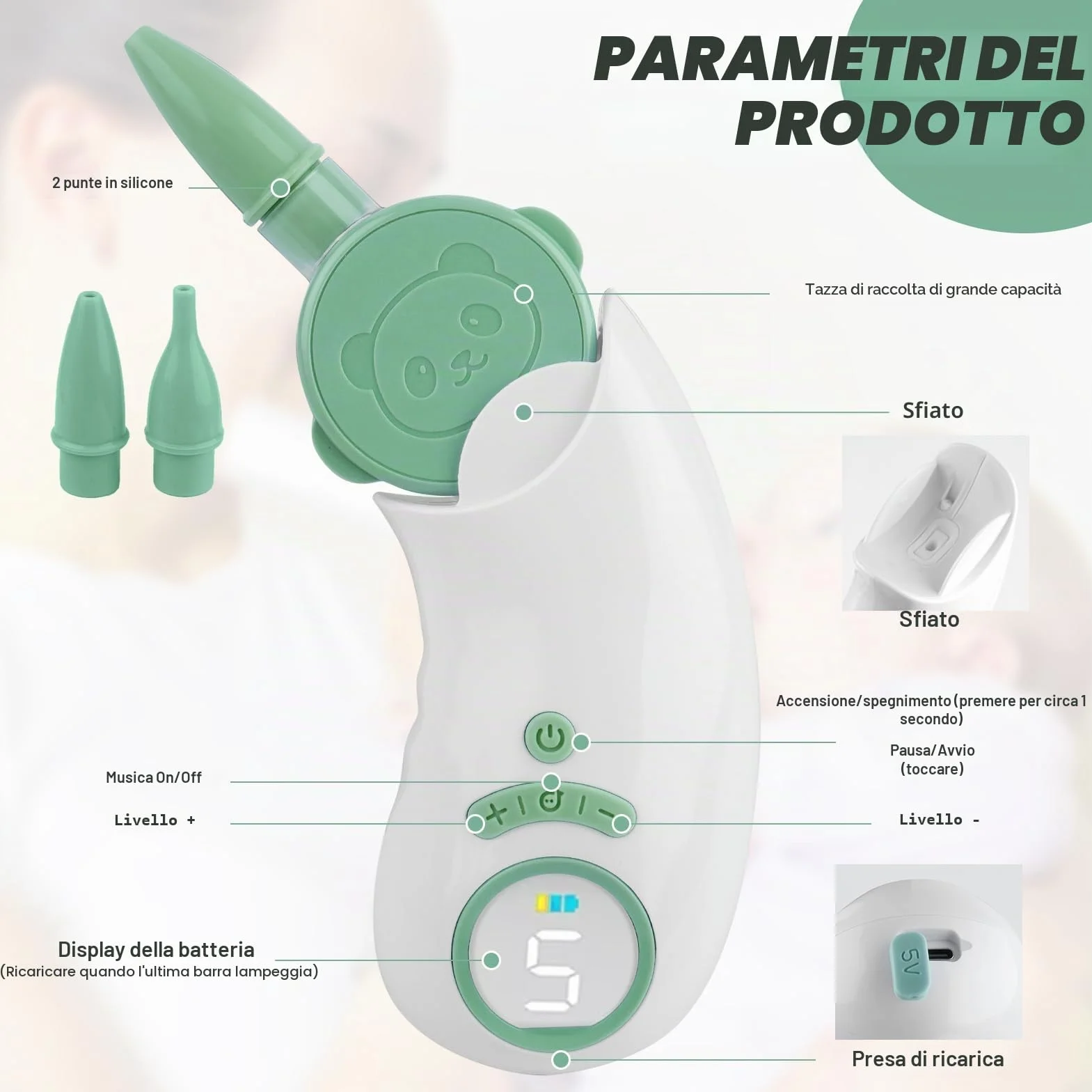 Aspiratore Nasale Neonato Elettrico con 5 Livelli di Aspirazione, Aspiratore Nasale Elettrico con Display, Ricaricabile Aspira Muco Neonato con 2 Beccucci in Silicone, Pinzette e Funzione Musica