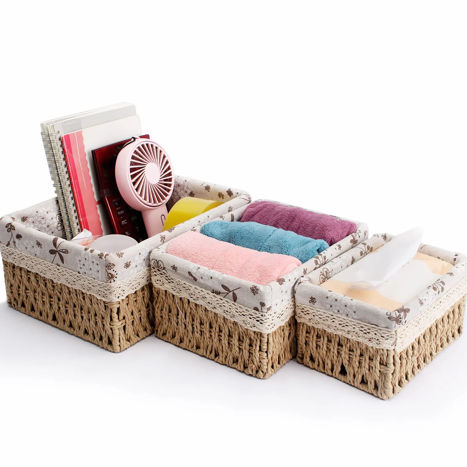 Set di 3 Cestini Portaoggetti Bambini, Cesto in Corda di Carta, Cestini di Stoccaggio, per Camerette, Bagno, Cassetti, Cucine, Soggiorno（Tre Dimensioni）