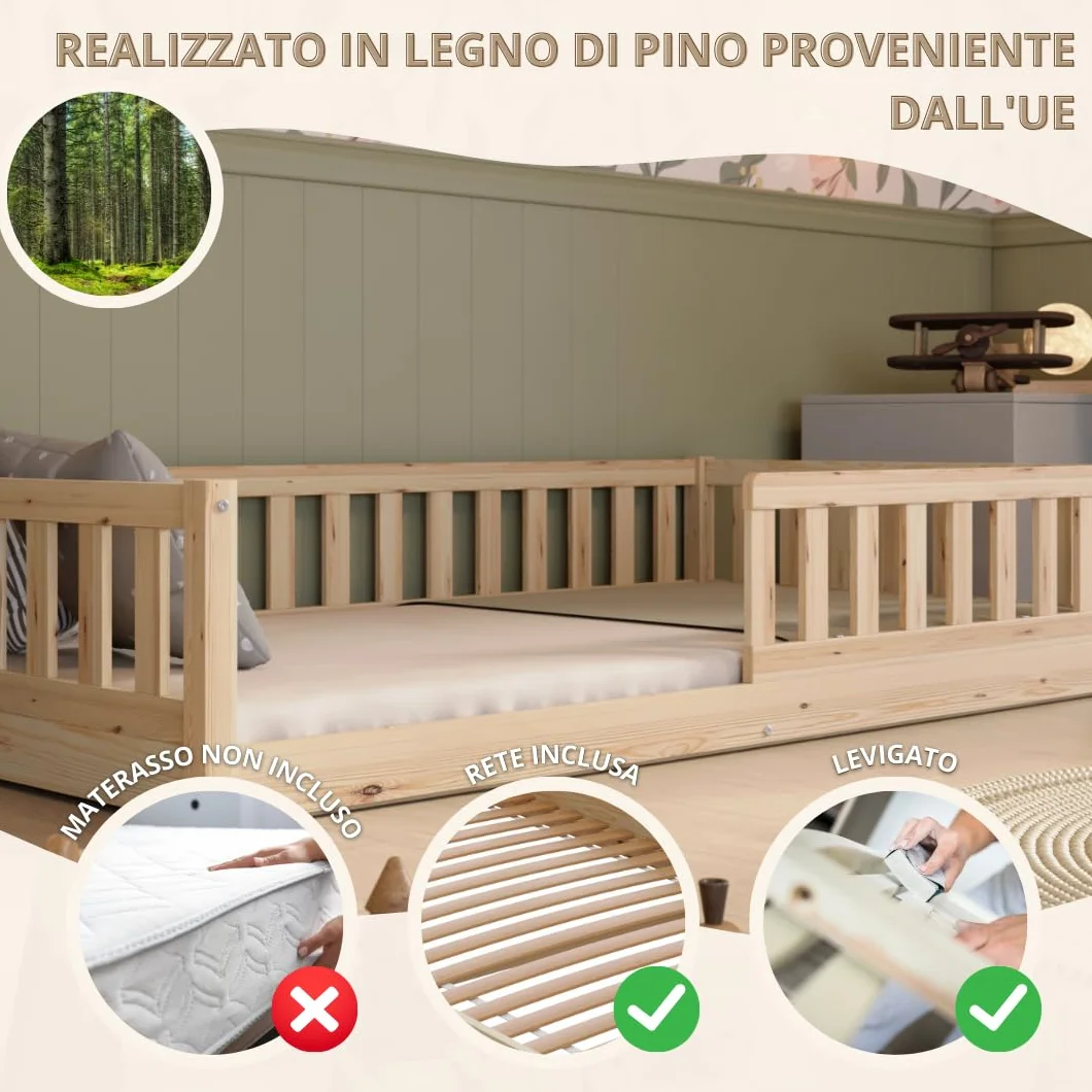 Letto per Bambini 190x90 cm – Letto Montessori a Pavimento in Legno Massiccio con Barriera – Sicuro per Bambini Piccoli – Design Scandinavo - Crazy Basic