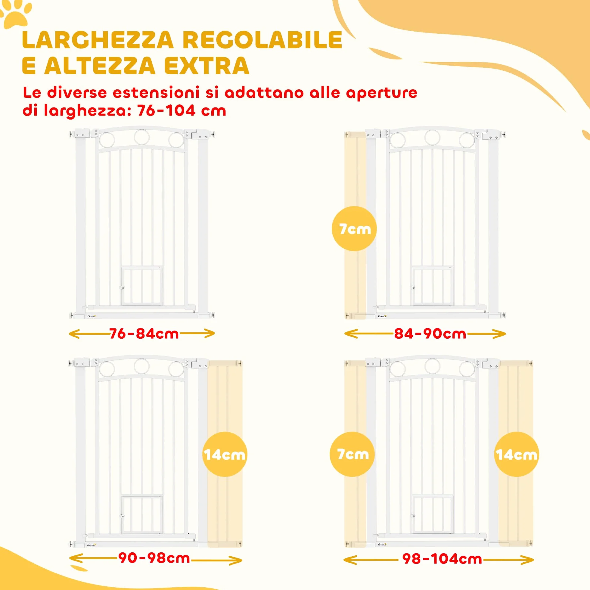 PawHut Cancelletto per Cani da Interno, Cancelletto di Sicurezza con 2 Estensioni 76-104 cm e Porta per Gatti, Cancello per Cani Animali Domestici Alto 106 cm per Corridoio e Scale, Bianco