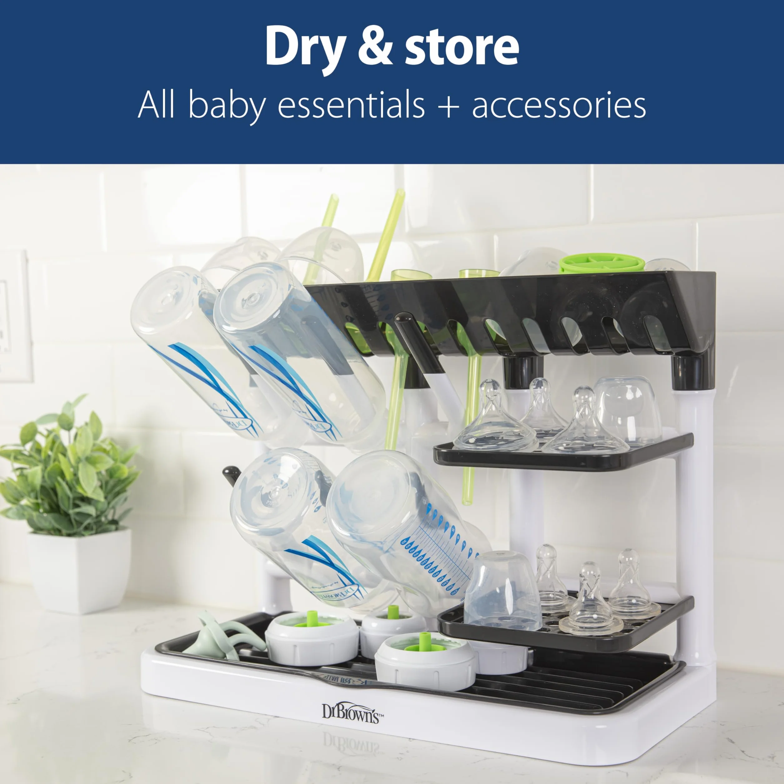 Dr. Brown's Drying Tower, Stand-Up Drying Rack, Countertop Baby Bottle Drying with Organized Storage for Baby Essentials, Space Saving Vertical Rack