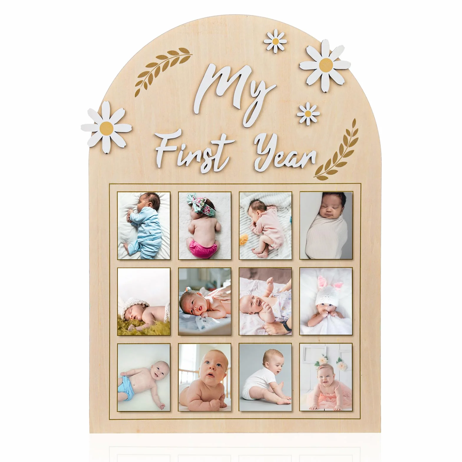 NQEUEPN Cornice per Foto Mio Primo Anno, Fiore Margherita 3D Espositore per Foto Primo Anno di Bambino Banner Fotografico Mensile su Tavola Legno 12 Mesi Regalo per Neonato Ricordi Primo Compleanno