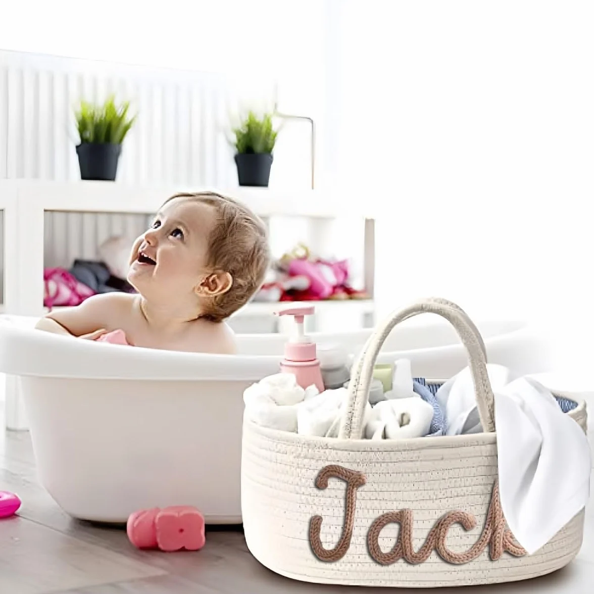 Cesto Regalo Personalizzato Per Baby Shower Con Nome, Cestino Portaoggetti Per La Cameretta In Corda Di Cotone Per Organizzare Pannolini, Salviette E Articoli Essenziali Per Neonati(Beige)