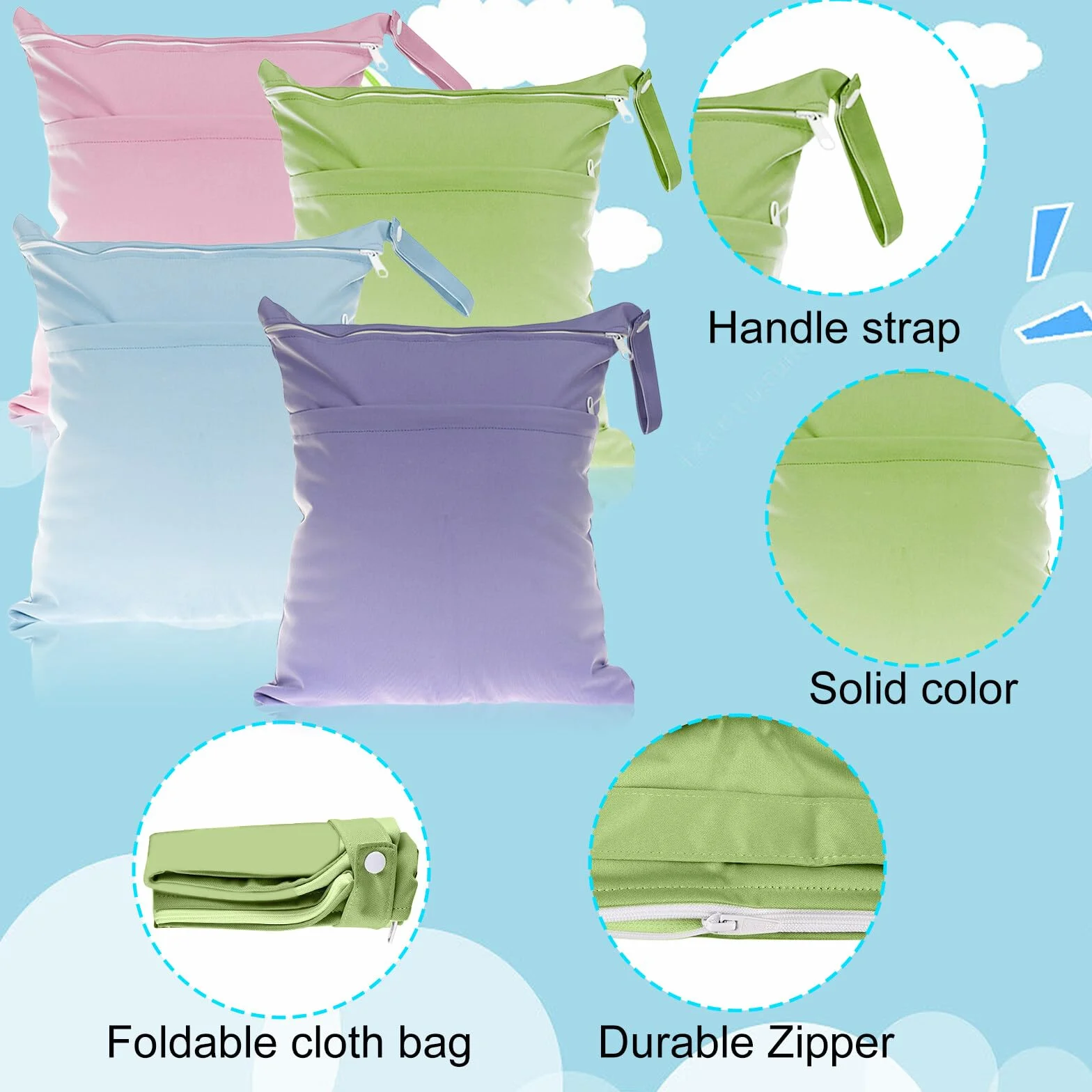 4 sacchetti impermeabili, riutilizzabili per pannolini asilo, grande borsa, chiusura lampo, per bambini viaggi, Sky Blue + Verde Erba, Viola + Rosa