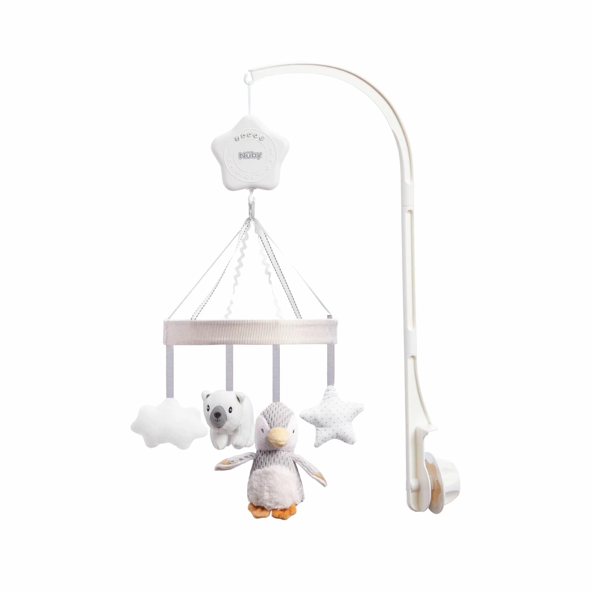 Nuby Culla Mobile Musicale per Neonati Penguin, Mobile Braccio Regolabile per Adattarsi alla Maggior Parte delle Culle, Calming Lullabies, Peluche