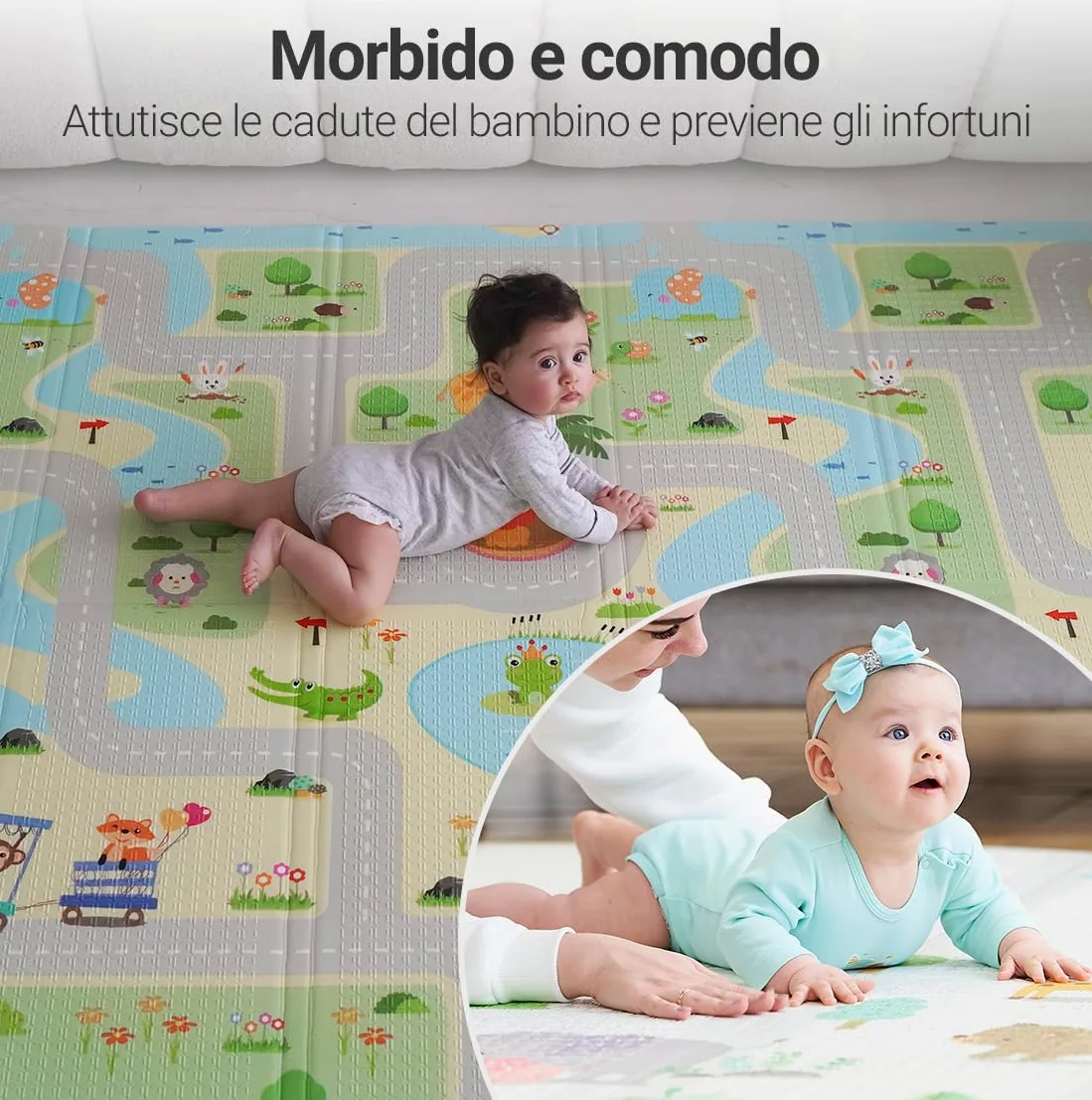 MIKMEL Tappetino da gioco per bambini (Strade/Animali, Grande)