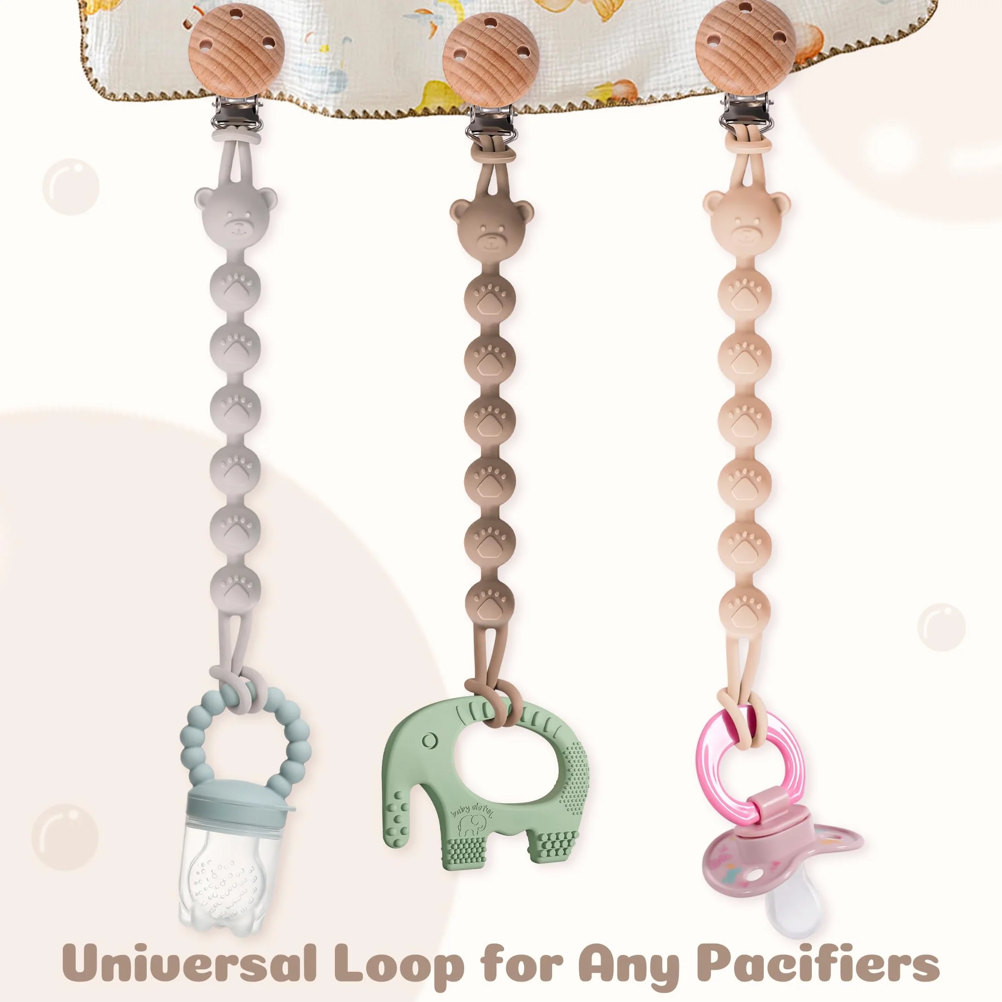 Set da 3 Catenella Portaciuccio in Silicone, Design Monoblocco Catenella Ciuccio per Bambine e Bambini, Portaciuccio Senza BPA, Elastiche e Robustezza (Crema Marrone Grigio)
