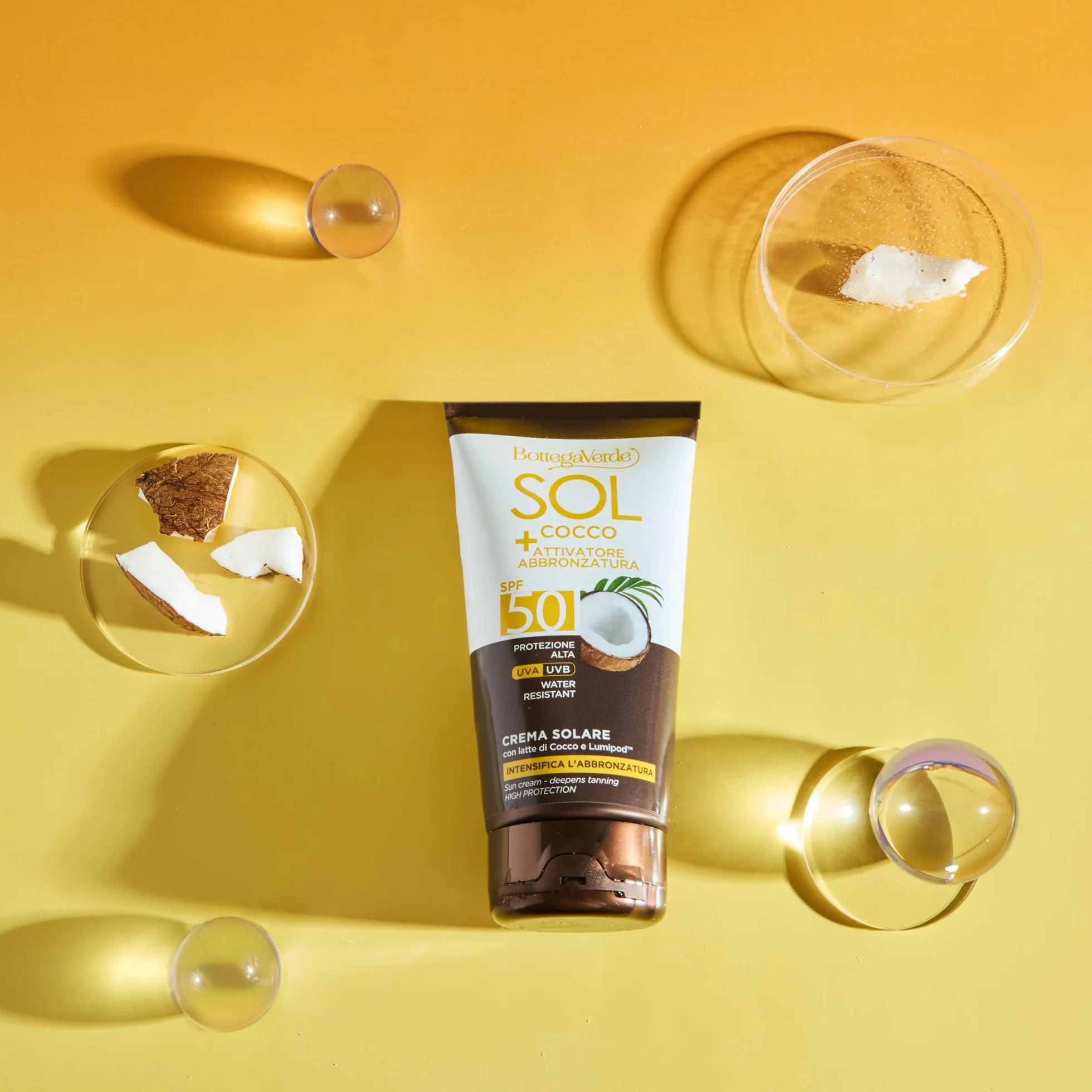 Bottega Verde - SOL Cocco + Attivatore di abbronzatura, Crema solare, intensifica l'abbronzatura, 150 ml, con latte di Cocco e Lumipod™, water resistant, protezione alta SPF50