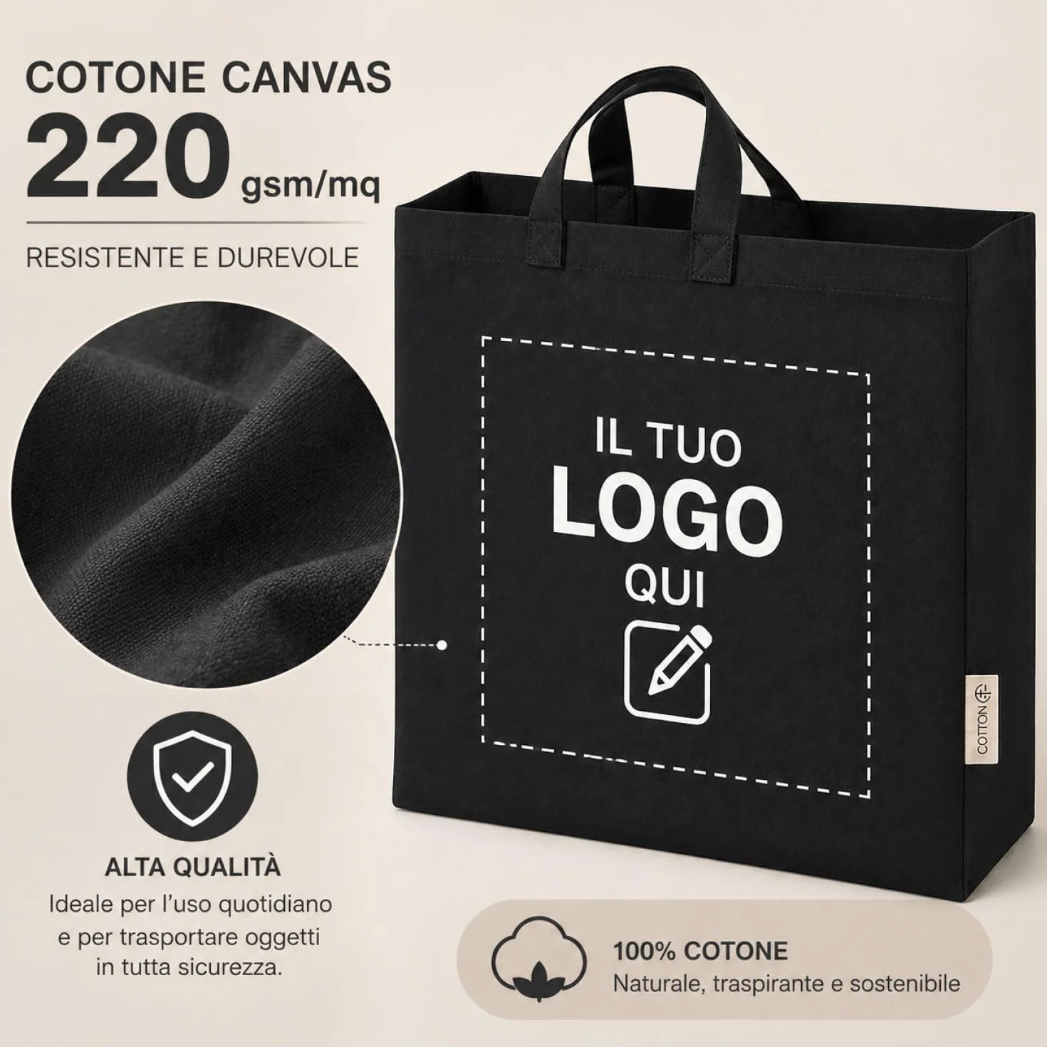 VENEZIANO Shopper personalizzata Canvas 220gsm 40x35x12 cm con Soffietto e Manici Lunghi – Shopper Resistente Riutilizzabile – Personalizzabile per Stampa, Gadget e Uso Quotidiano
