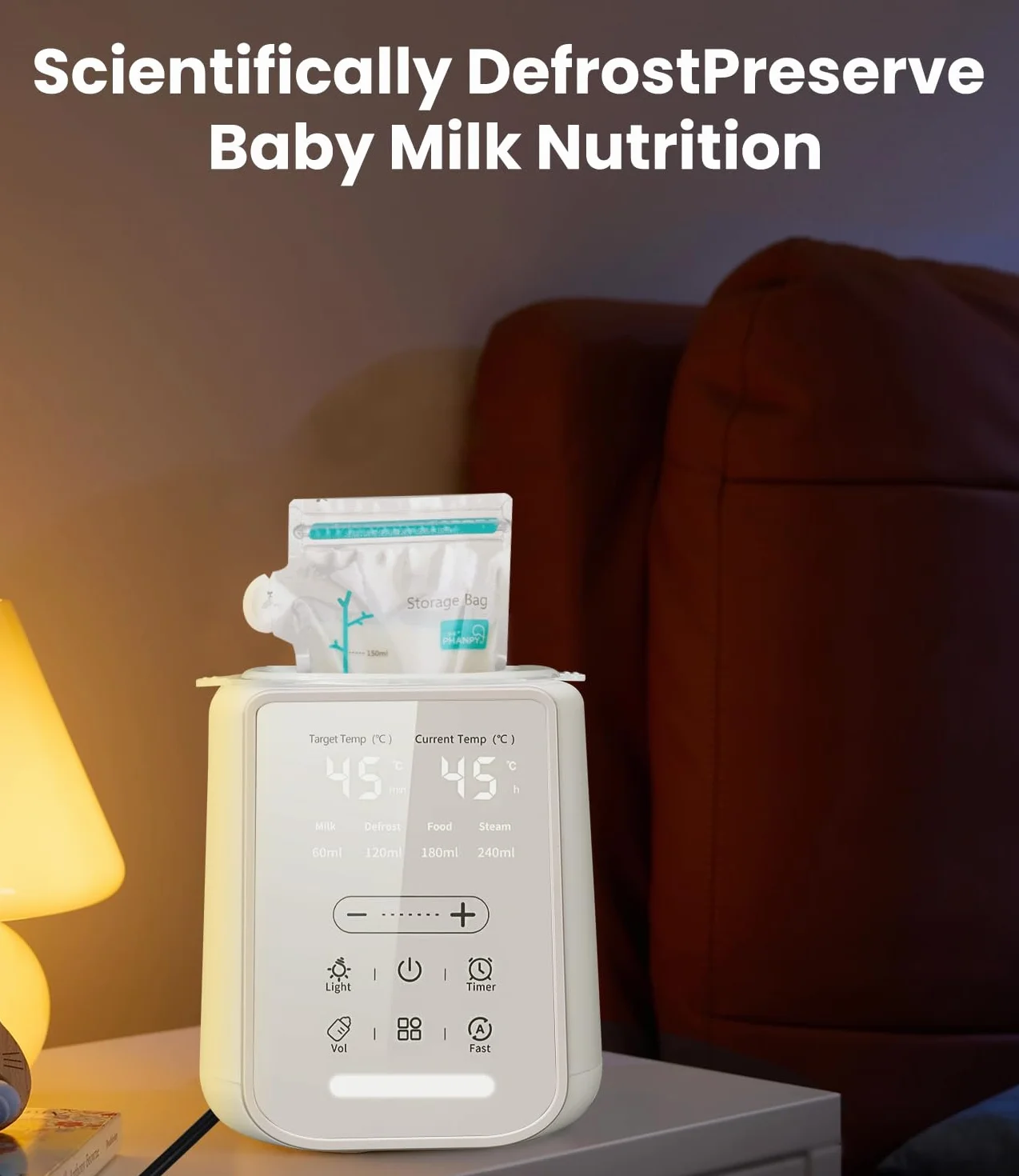 Scaldabiberon Portatile 8-in-1, Sterilizzatore e Scaldapappa, Display LCD, Timer, Luce Notturna, Controllo Temperatura, per Casa e Auto