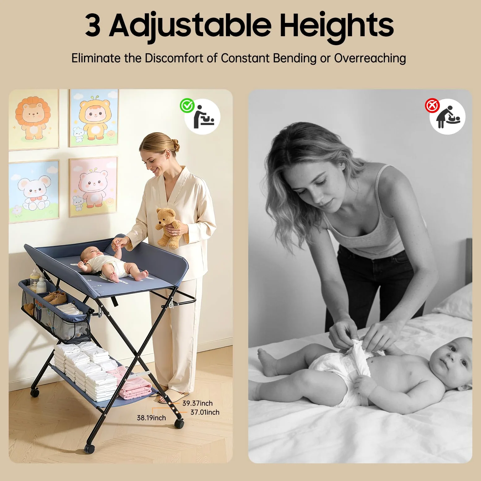 Fasciatoio pieghevole e portatile 3 in 1, fino a 25 kg, fasciatoio per neonati, con cestino portaoggetti, cintura di sicurezza e 4 ruote con freno, regolabile in altezza, grigio