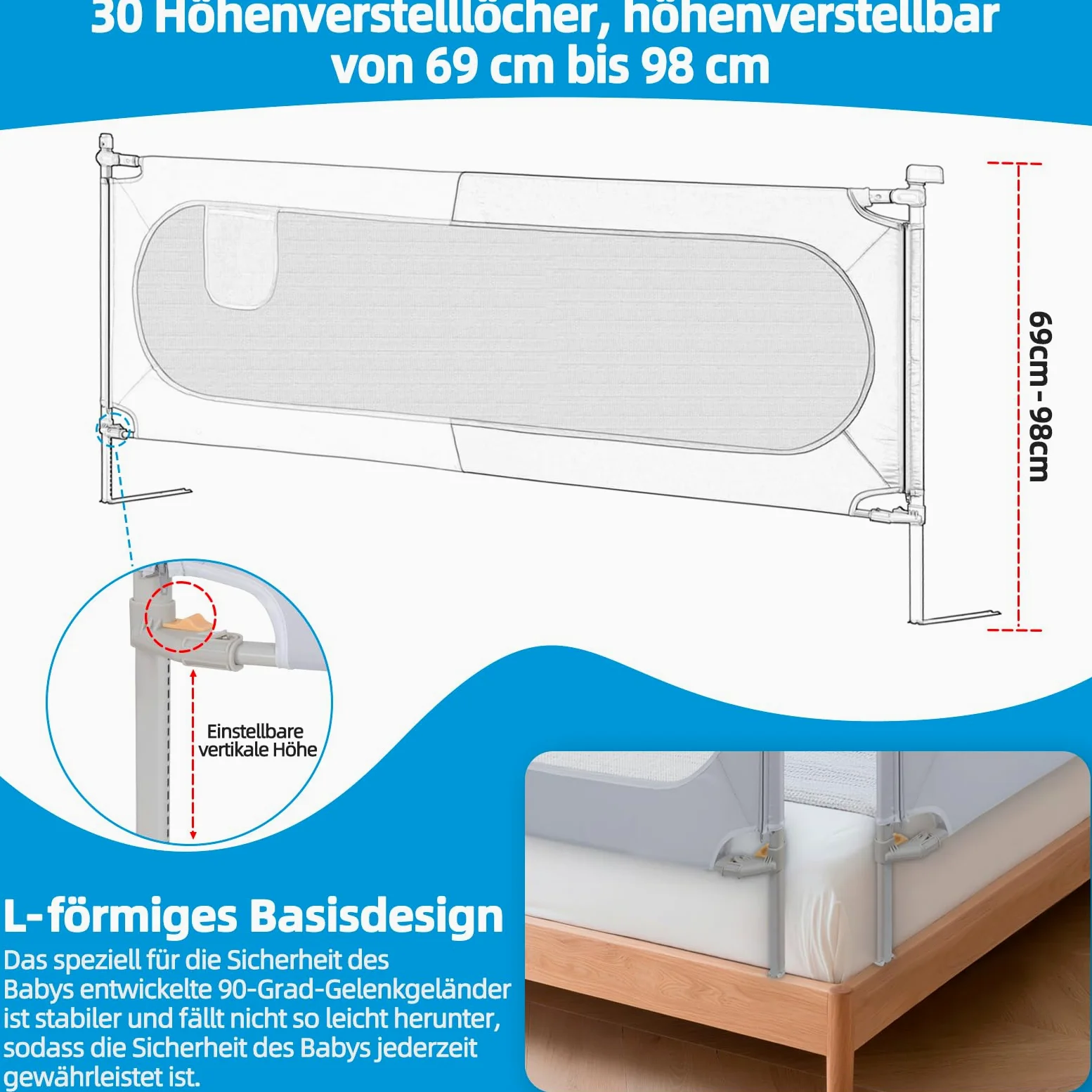 Barriera di protezione per letto, 180 cm, per bambini, pieghevole, protezione anticaduta | Sponda per letto regolabile in altezza a 30 livelli, motivo a blocchi di colore grigio/bianco, tessuto Oxford 302D