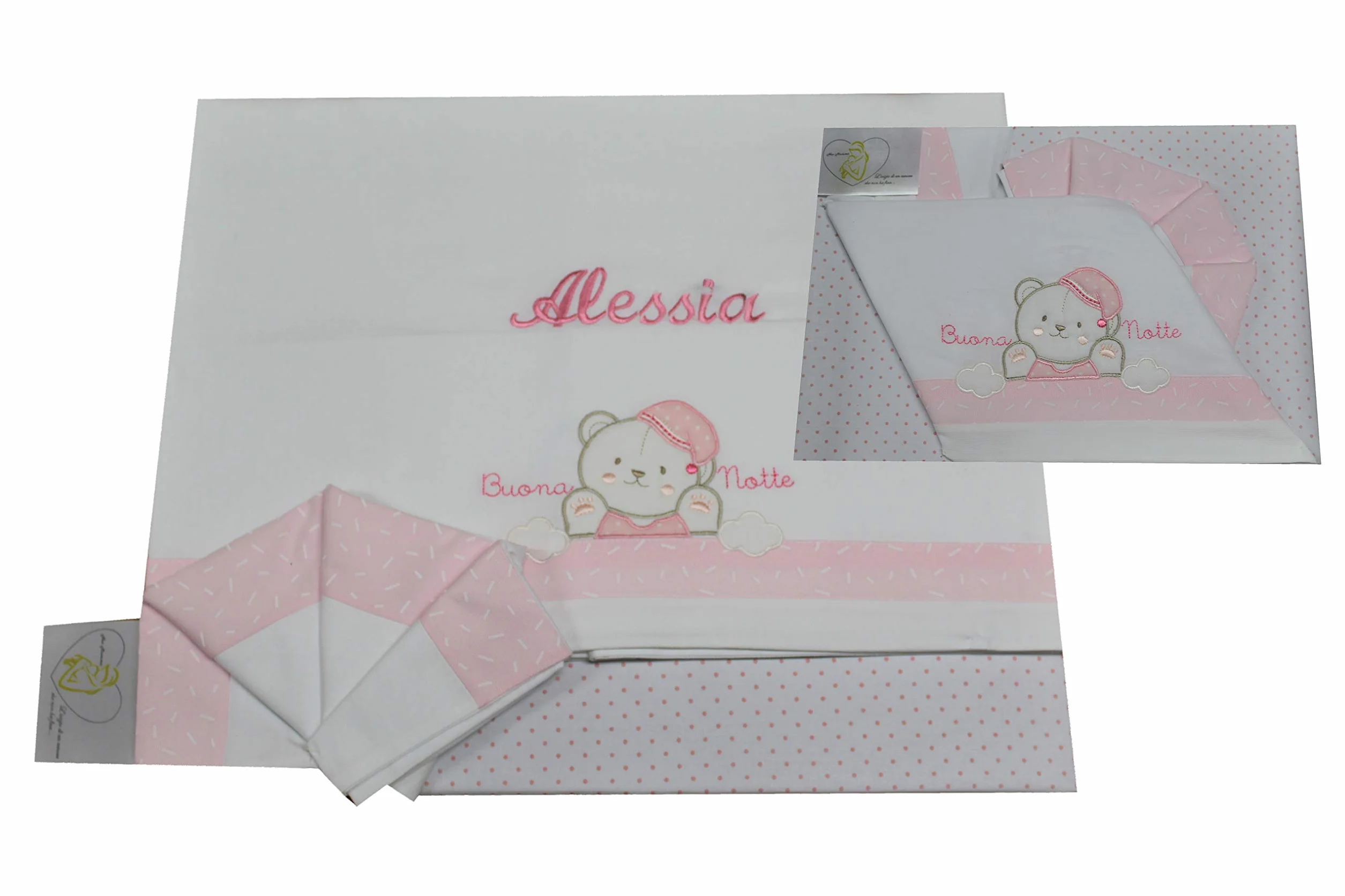Set per culla in cotone 3 pezzi con ricamo del nome personalizzato. Federa, lenzuolo e coprimaterasso con elastico