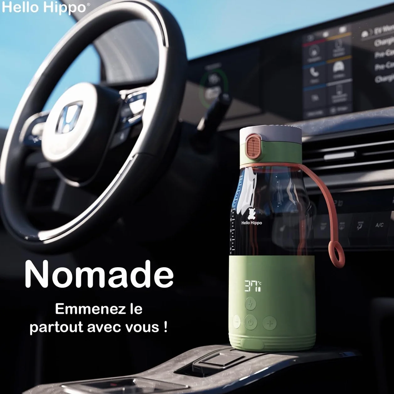 Scaldabiberon Nomade 300 ml – Senza fili, batteria ricaricabile USB, auto – temperatura regolabile 37 – 50 °C con mantenimento al caldo – Graduazione 30 ml – ideale per latte e acqua in viaggio