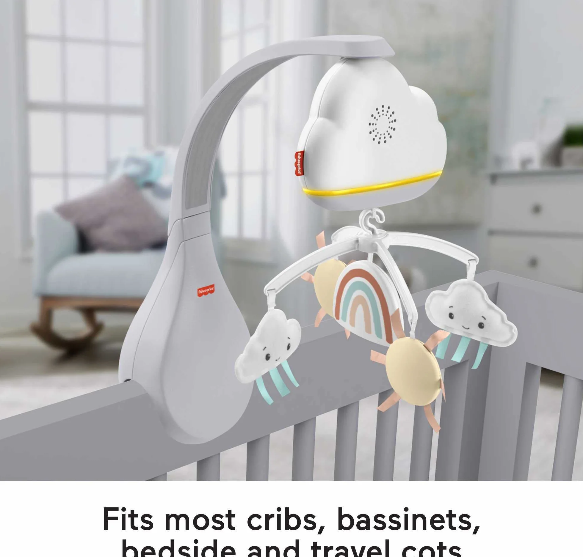 Fisher-Price-Giostrina Dolce Arcobaleno per Culla Fianco Letto, Unità Rilassante da Appoggio e Unità Sonora da Culla, Compatibile con le Culle, Giocattolo per Bambini 0+ Mesi, HBP40