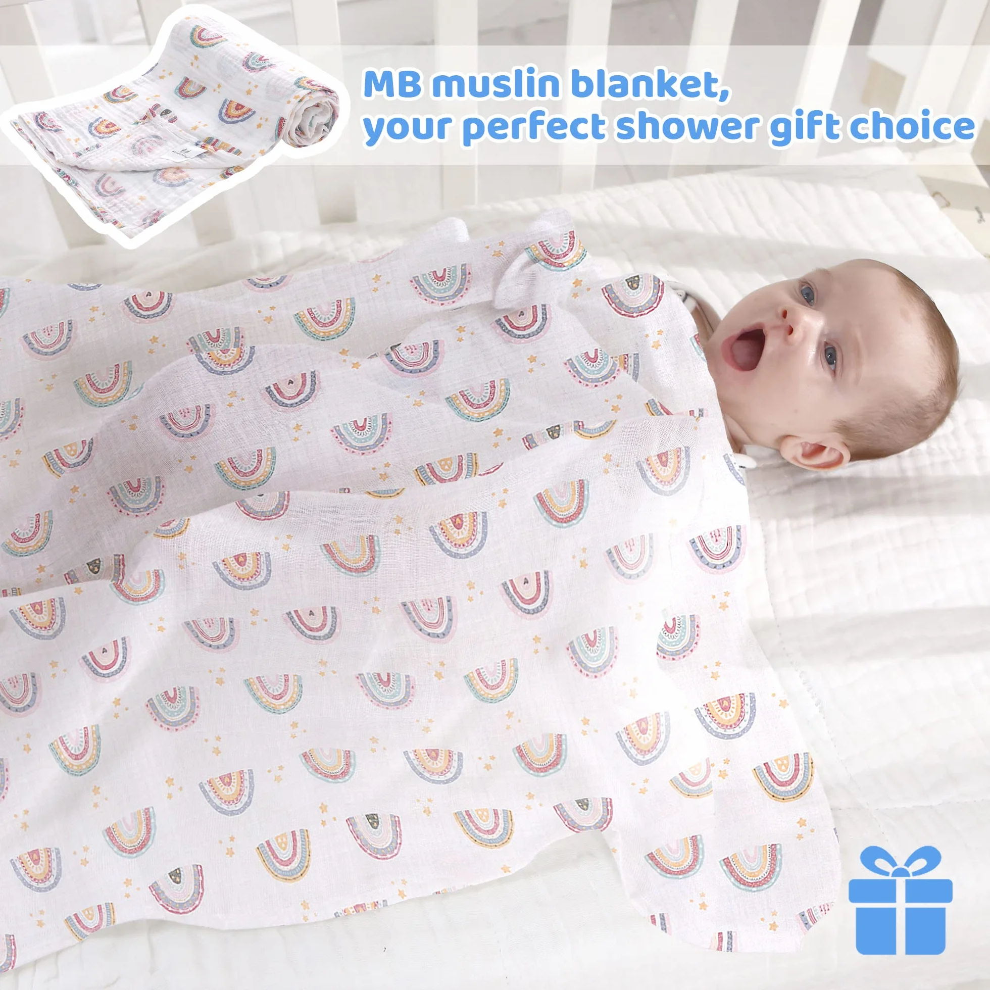 Miracle Baby Coperta di Mussola, 150x110cm Swaddle Cotone Estate, Coperta in 100% Cotone, Telo Bagno, Regalo per Bambini, Copertura per Allattamento Neonati Ovetto, Singolo Strato, Arcobaleno