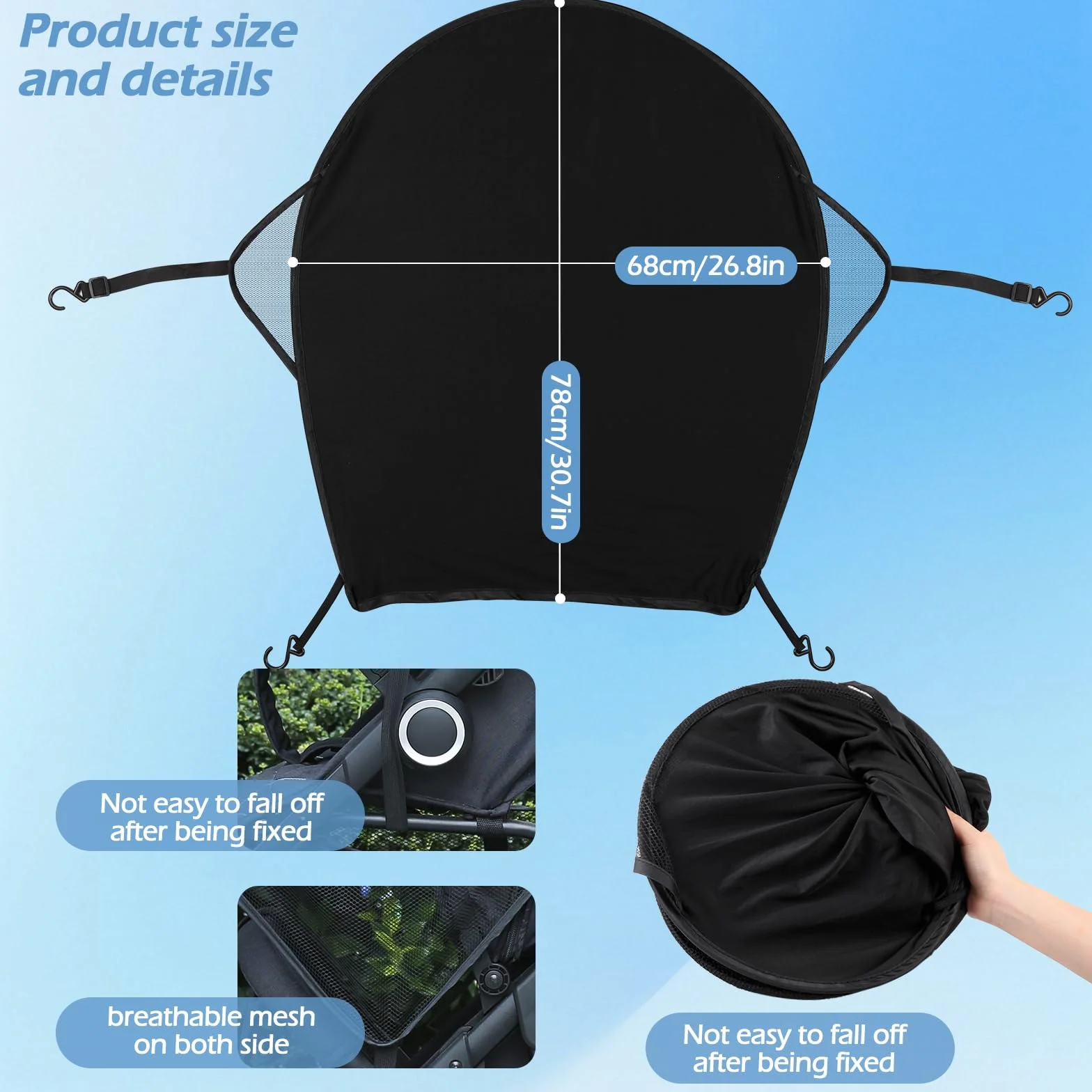 WD&CD Parasole per Passeggino, Pieghevole Traspirante con Protezione UV Facile da Installare, Nero