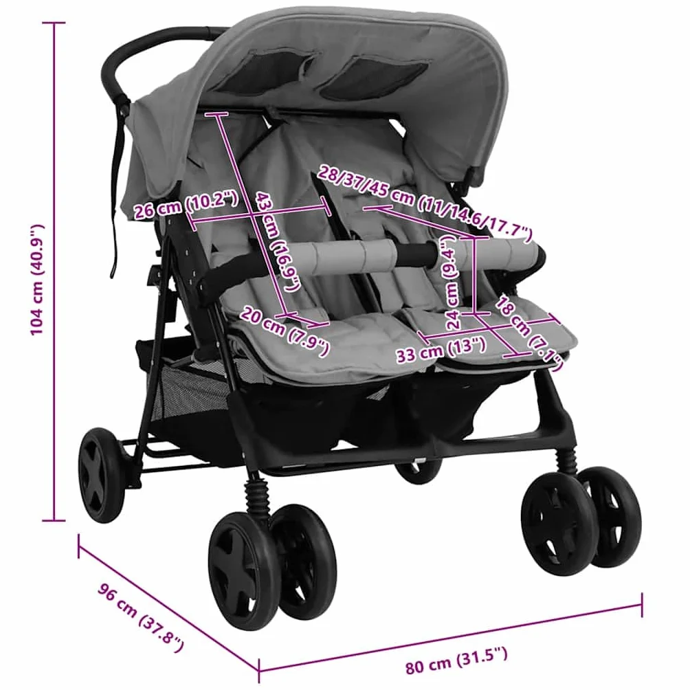 vidaXL Passeggino Gemellare Grigio Chiaro in Acciaio