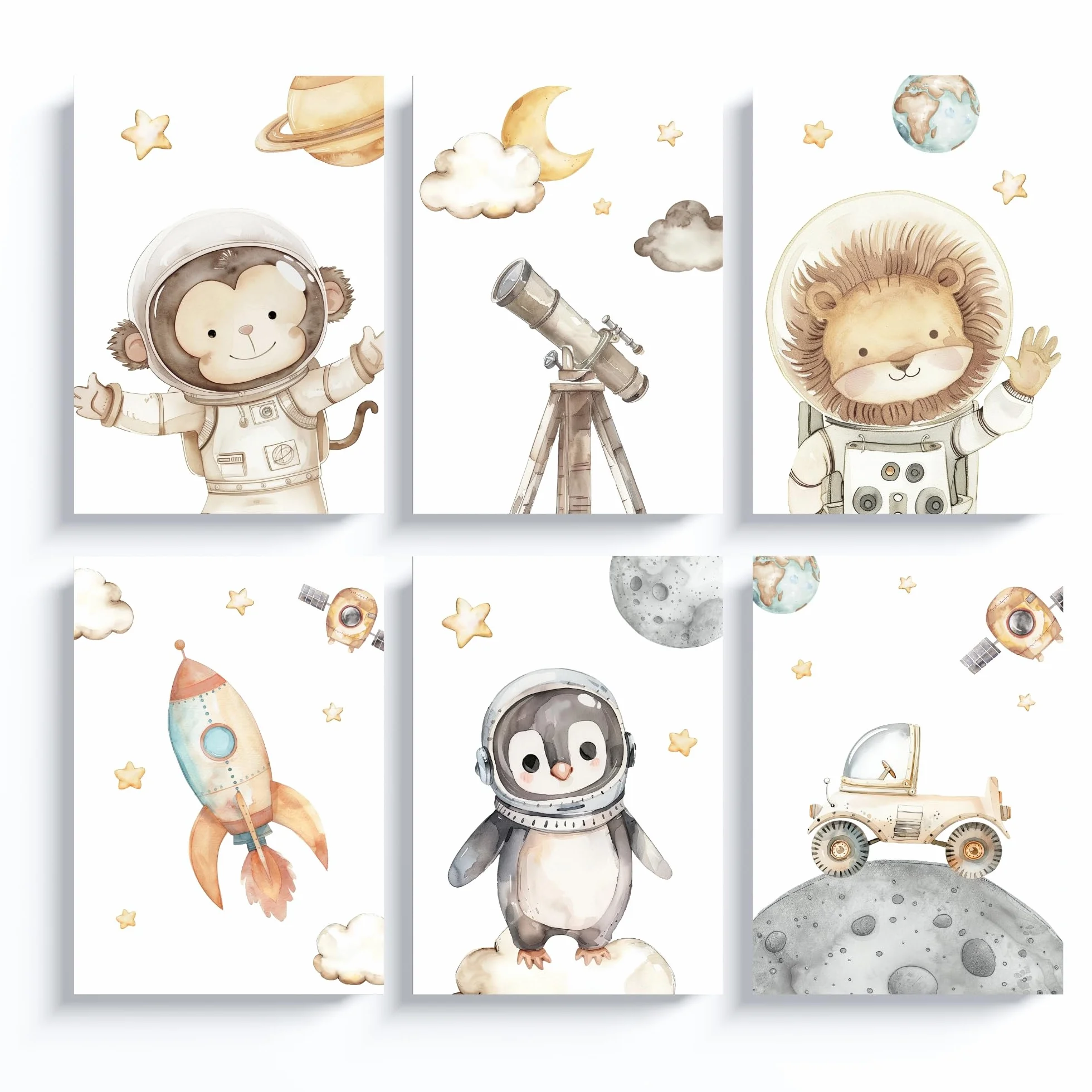 ayurvana Set 6 Stampe Spazio Cameretta Bambini – Poster Senza Cornice con Animali Astronauti, Razzo e Pianeti – Quadri Decorativi per Bambini e Neonati – Arredo Parete Cameretta Originale