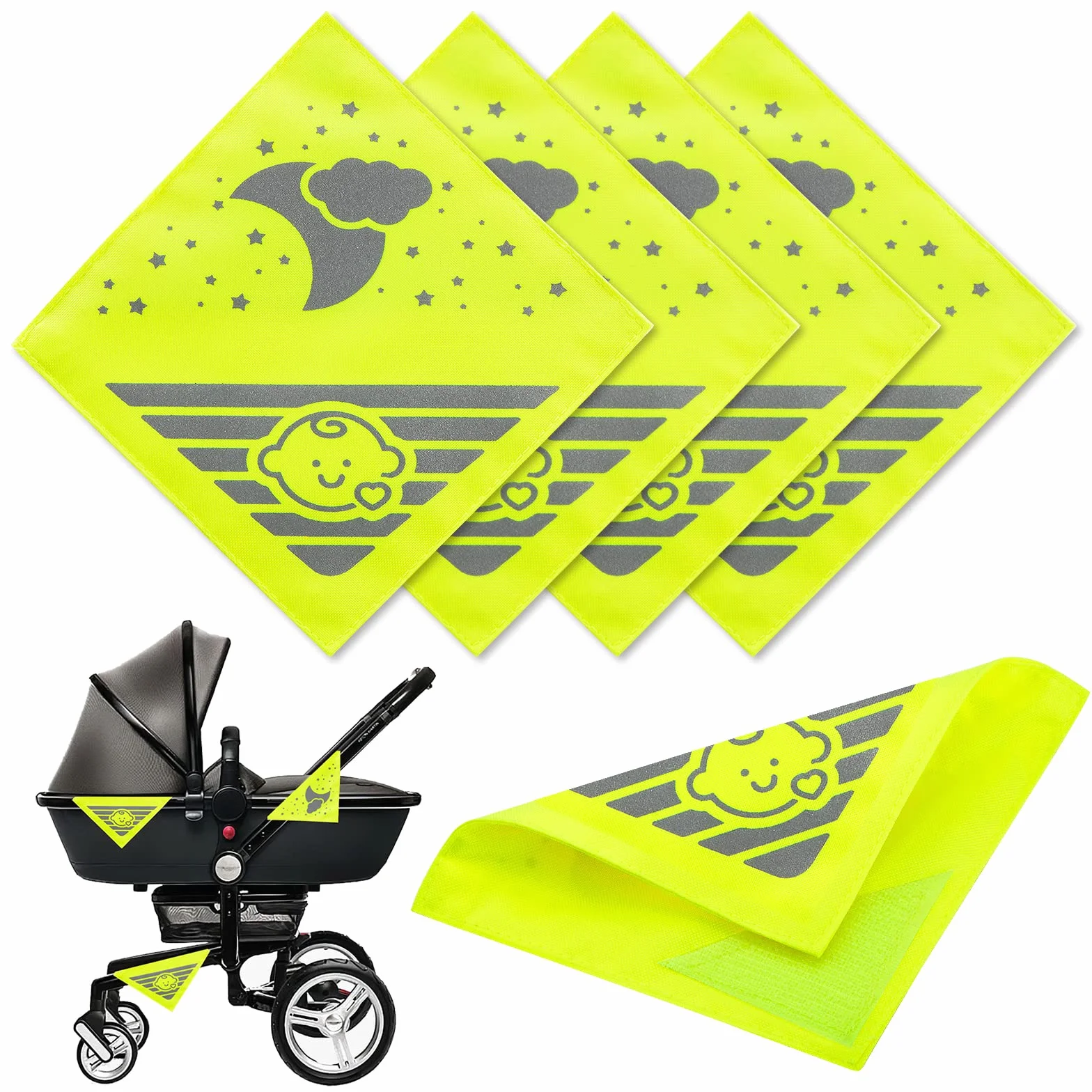 4 Catarifrangenti per Passeggino, Universali, Ideali per Passeggini, Biciclette, Rimorchi e Molto Altro, Simpatici Neonati e Nuvole, Luna, Stelle, Motivo Neon Giallo