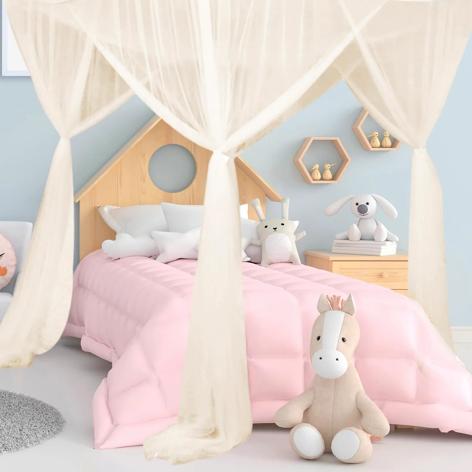 Baoblaze Tenda a baldacchino con 4 pali ad angolo, zanzariera, letto matrimoniale e singolo, zanzariera, letto matrimoniale per casa, cameretta dei bambini, viaggio all'aperto, beige