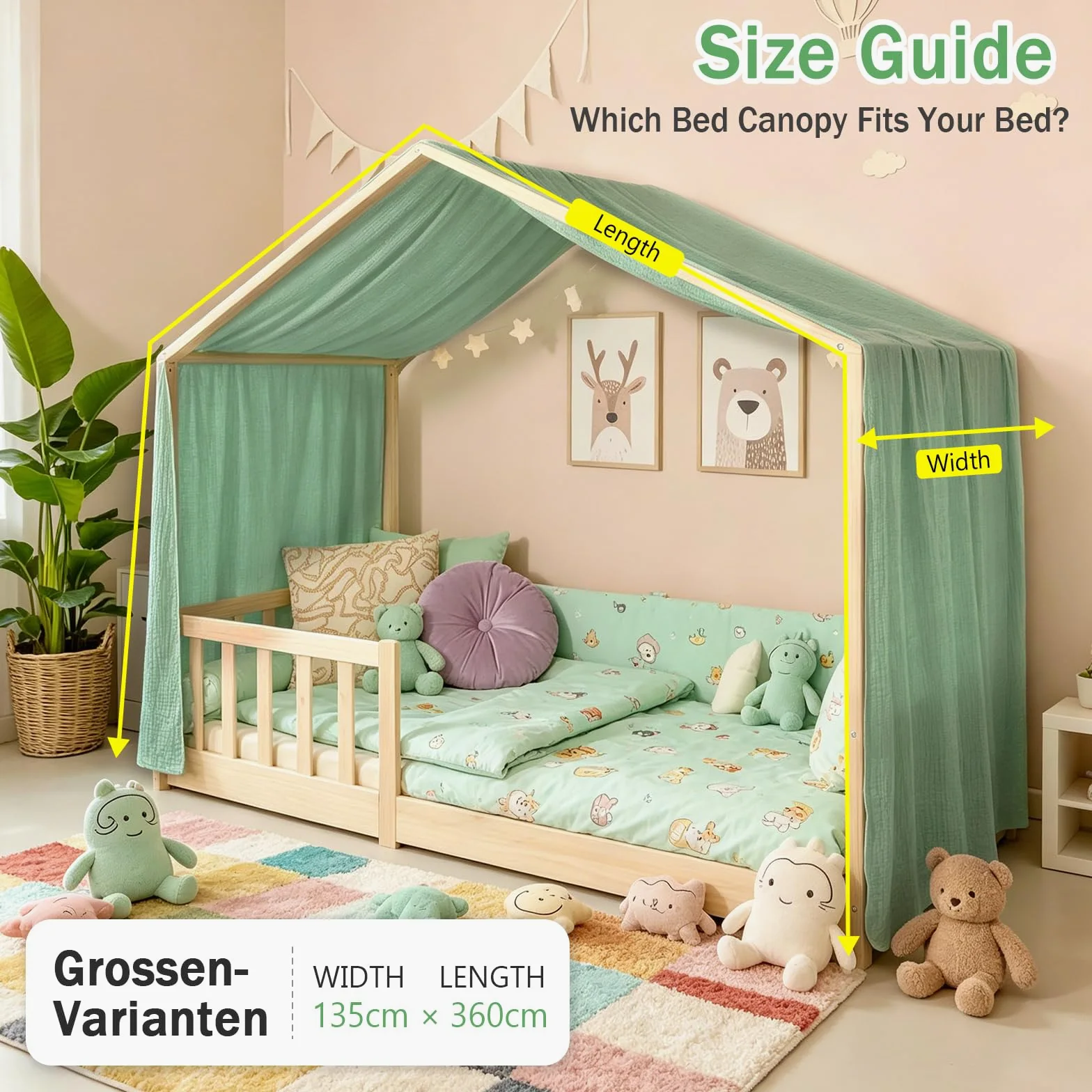 Ginkago Baldacchino 100% Cotone per Cameretta Tenda per Letto a Castello & Lettino Decorazione per Bambina e Bambino Salvaspazio per Stanze Piccole (Verde, 360 x 135 cm)