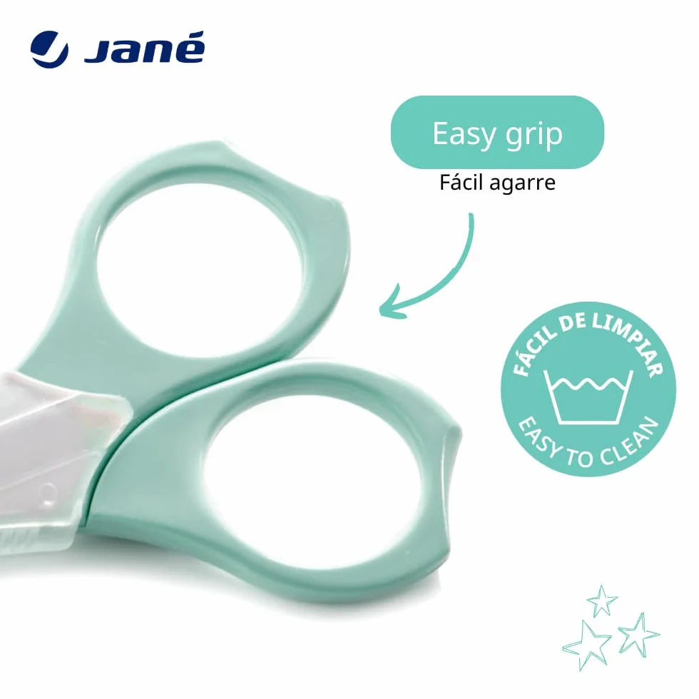 Jané Forbici per neonati, punta arrotondata, con cappuccio igienico, in acciaio inox, verde