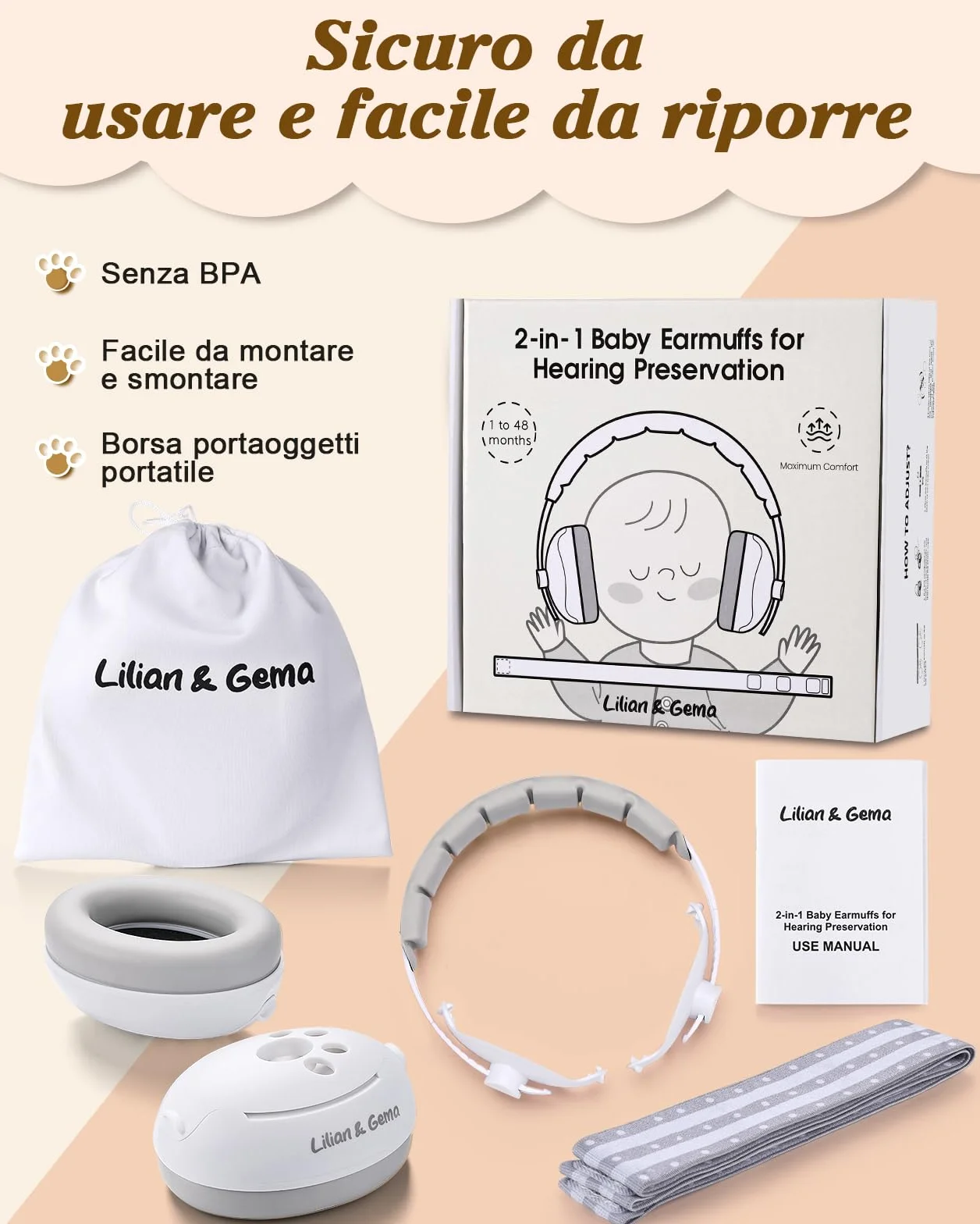 Lilian&Gema 2 in 1 Cuffie Neonato Antirumore -25dB,Protettori acustici per neonati, archetto regolabile, antiscivolo e antistress, protezione acustica ideale per neonati fino a 48 mesi