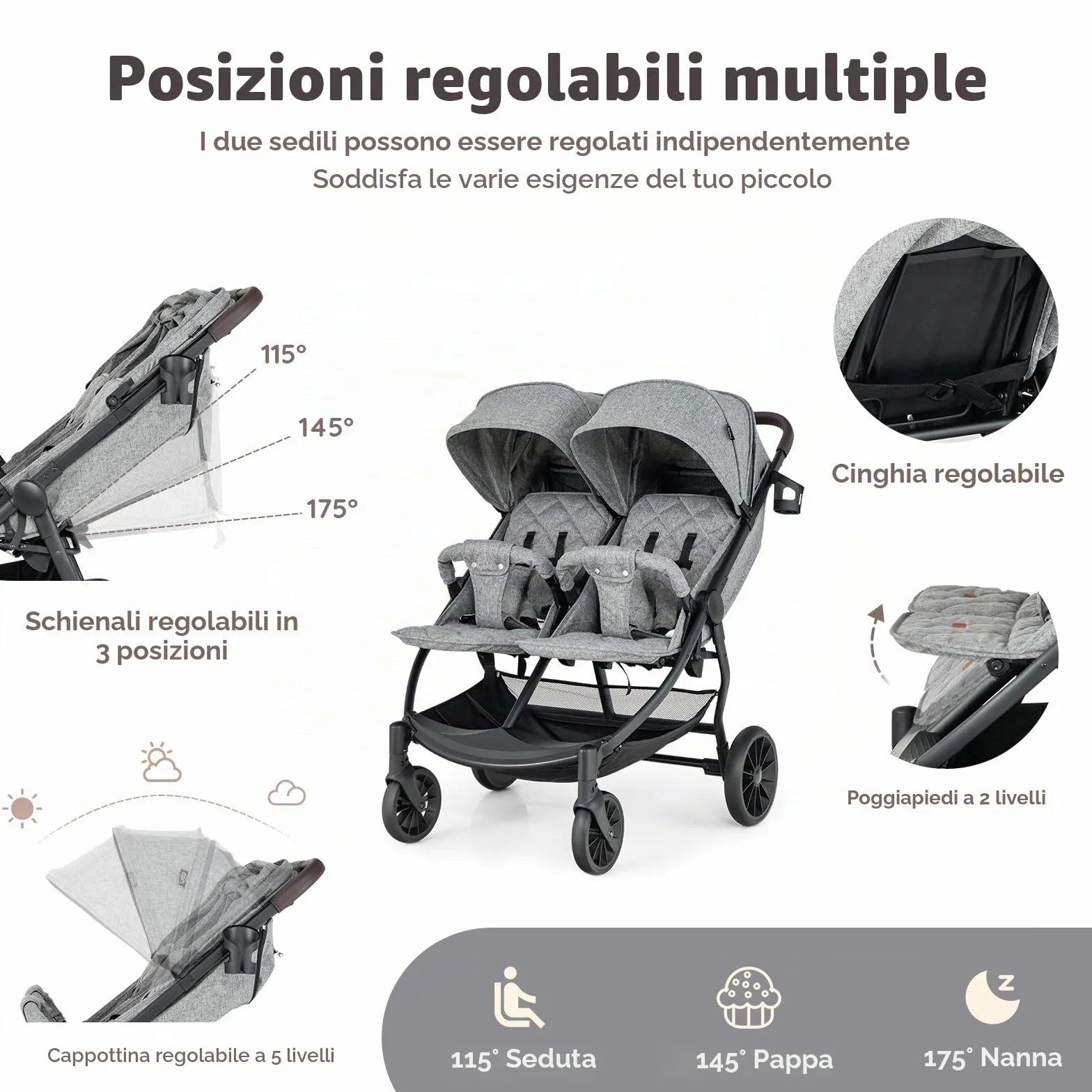 LIFEZEAL Passeggino doppio fianco a costa, Tandem gemelli pieghevole, schienale reclinabile a 3 posizioni, poggiapiedi, imbracatura a 5 punti, carico 15+15 kg, bambino 0-3 anni (grigio chiaro)
