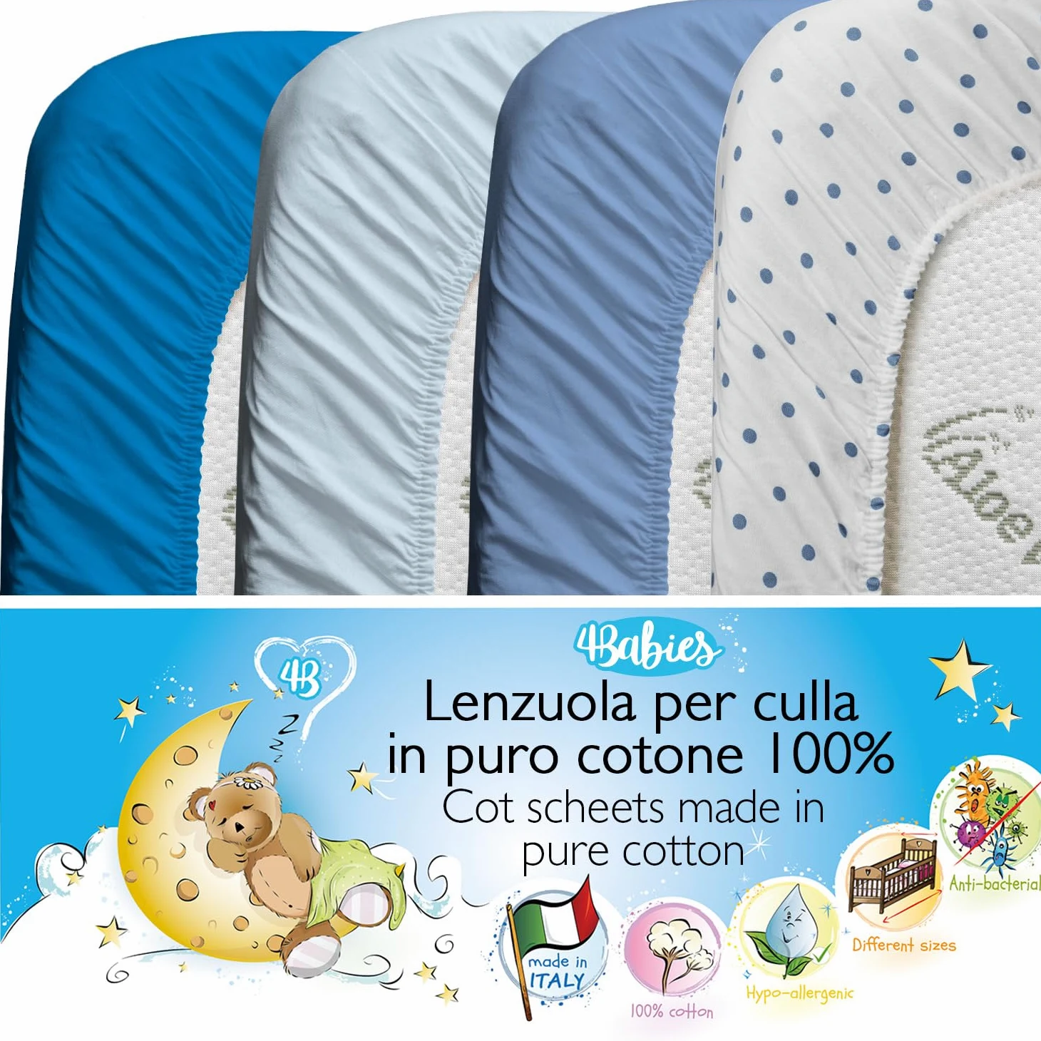 4BABIES - Set 4 Lenzuola Lettino Neonato 60x120 - Lenzuolo con Angoli per Culla in Cotone 100% Morbido Traspirante - Made in Italy OEKO-TEX - Pois Blue, Smoke Blue, Azzurro e Blu