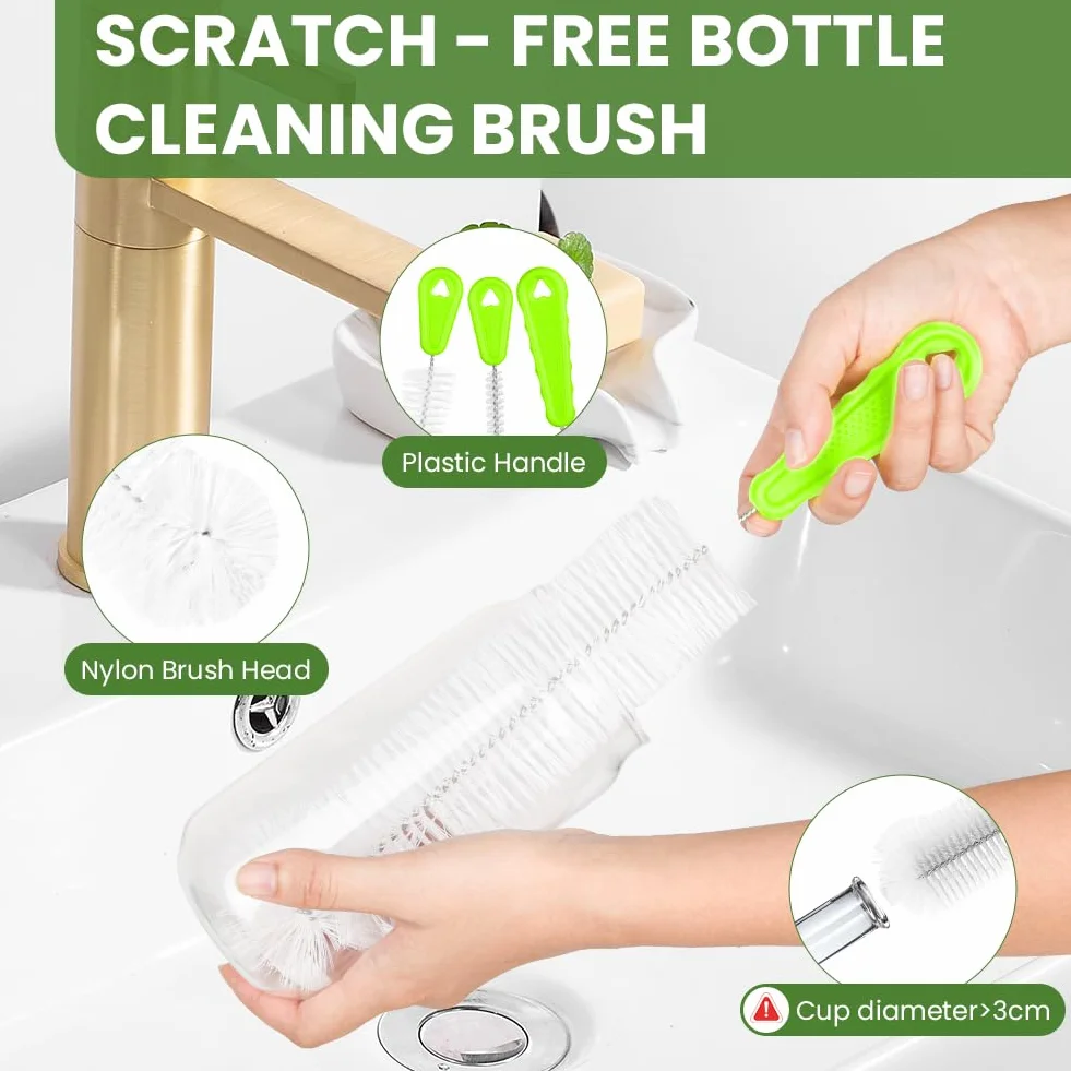 Vicloon 3Pcs Set di spazzole per biberon, Spazzola multiuso spazzola per borraccia spazzola per cannuccia cannucce per la pulizia di bottiglie d'acqua, tazze di vetro e thermos (verde)