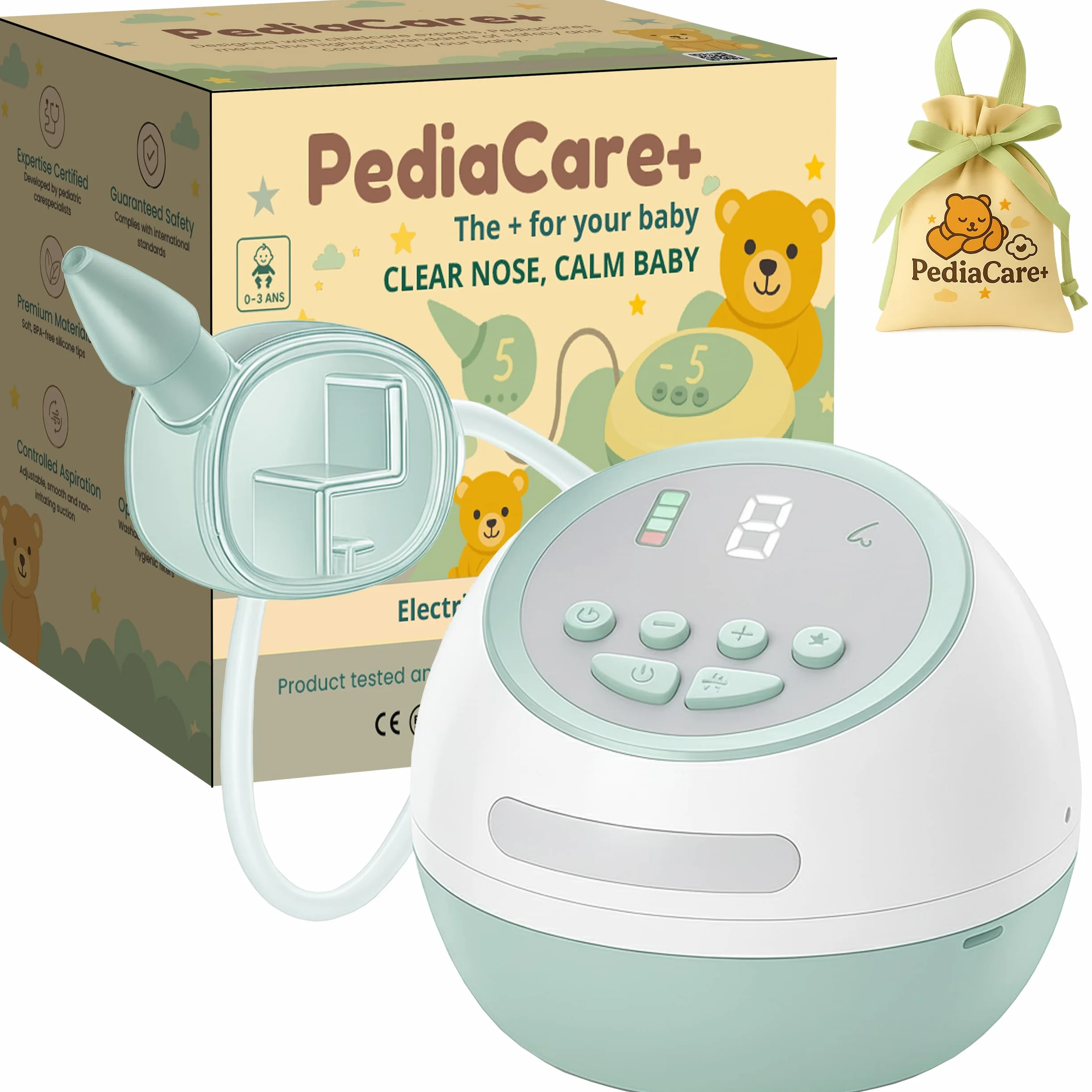 Pediacare+ Aspiratore Nasale Elettrico Neonato | 6 Livelli di Aspirazione, Display LCD, Musica Rilassante, LED Notturno, Ricaricabile, Igienico, Accessorio Utile per Neonati
