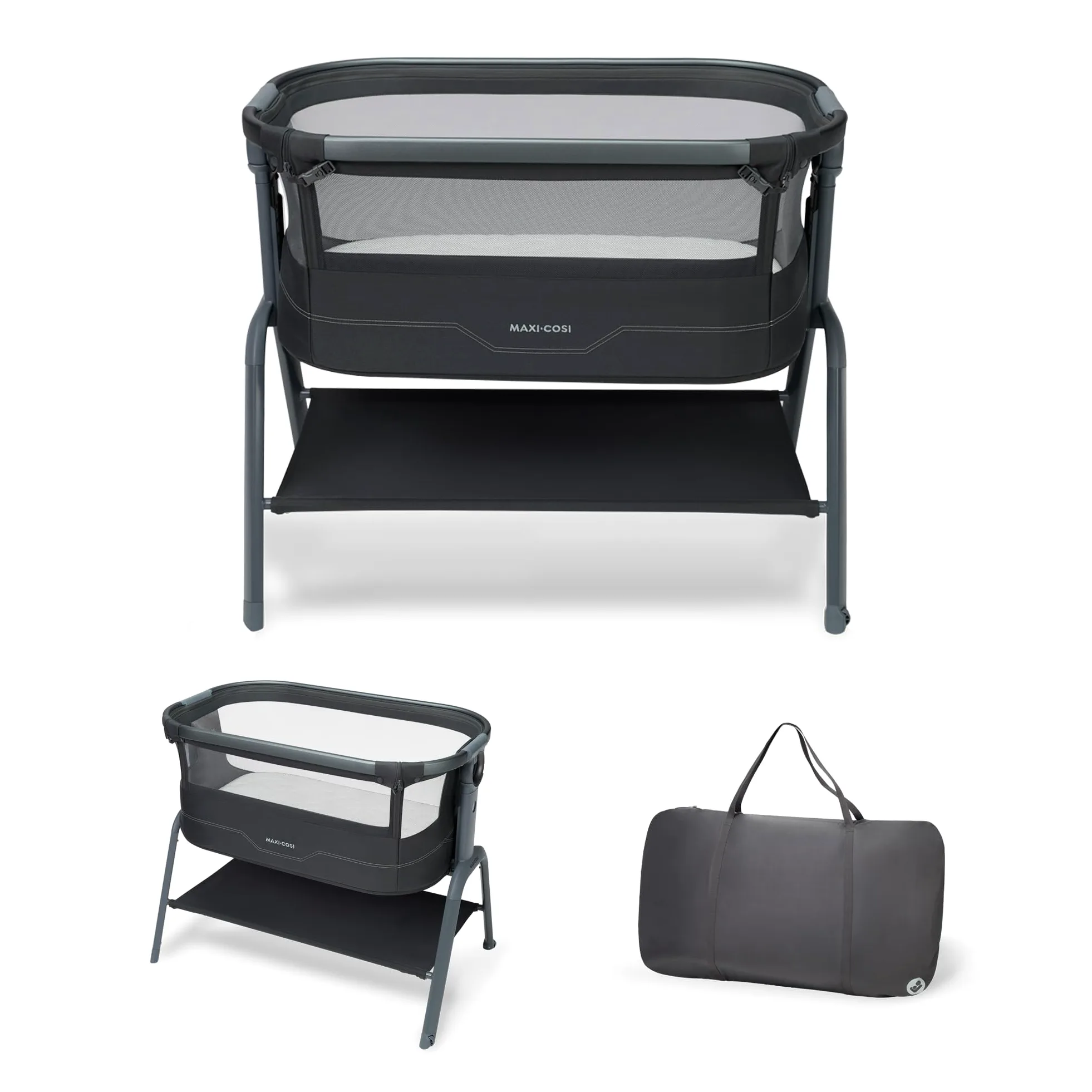 Maxi Cosi Iora² Culla Co-Sleeping, 0–6 Mesi (9 kg), Culla Neonato Fianco Letto Pieghevole e Leggera, Materasso 5 cm CloudCore, 5 Livelli, 2 Ruote Scorrevoli, Funzione Easy Slide, Elegance Graphite