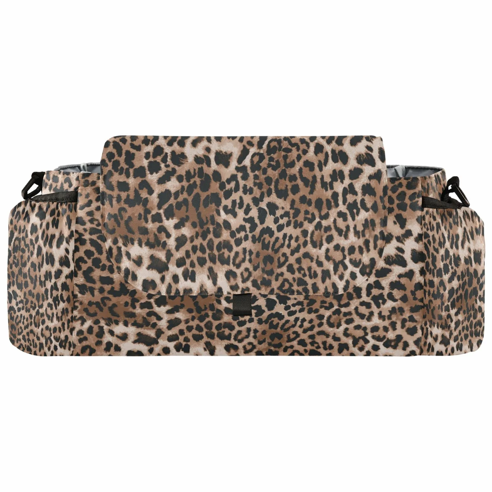 Borsa organizer per passeggino con stampa leopardata, universale, con 2 portabicchieri, cinghie regolabili e gancio per passeggino, adatta per biberon, pannolini, telefono, giocattoli