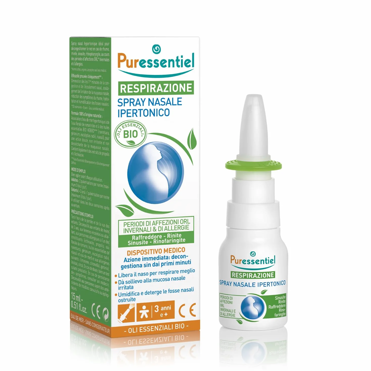 Puressentiel – Respirazione – Spray Nasale Decongestionante – Dispositivo medico – Decongestiona sin dai primi minuti - Raffreddore, rinite, sinusite – Formula 100% origine naturale - 15 ml