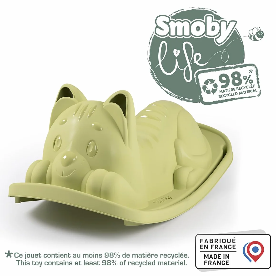 Smoby Life - Dondolo monoposto gatto Gatto, colore Verde, Seduta ergonomica, per bambini dai 18 mesi, con plastica Riciclata, 7600830108