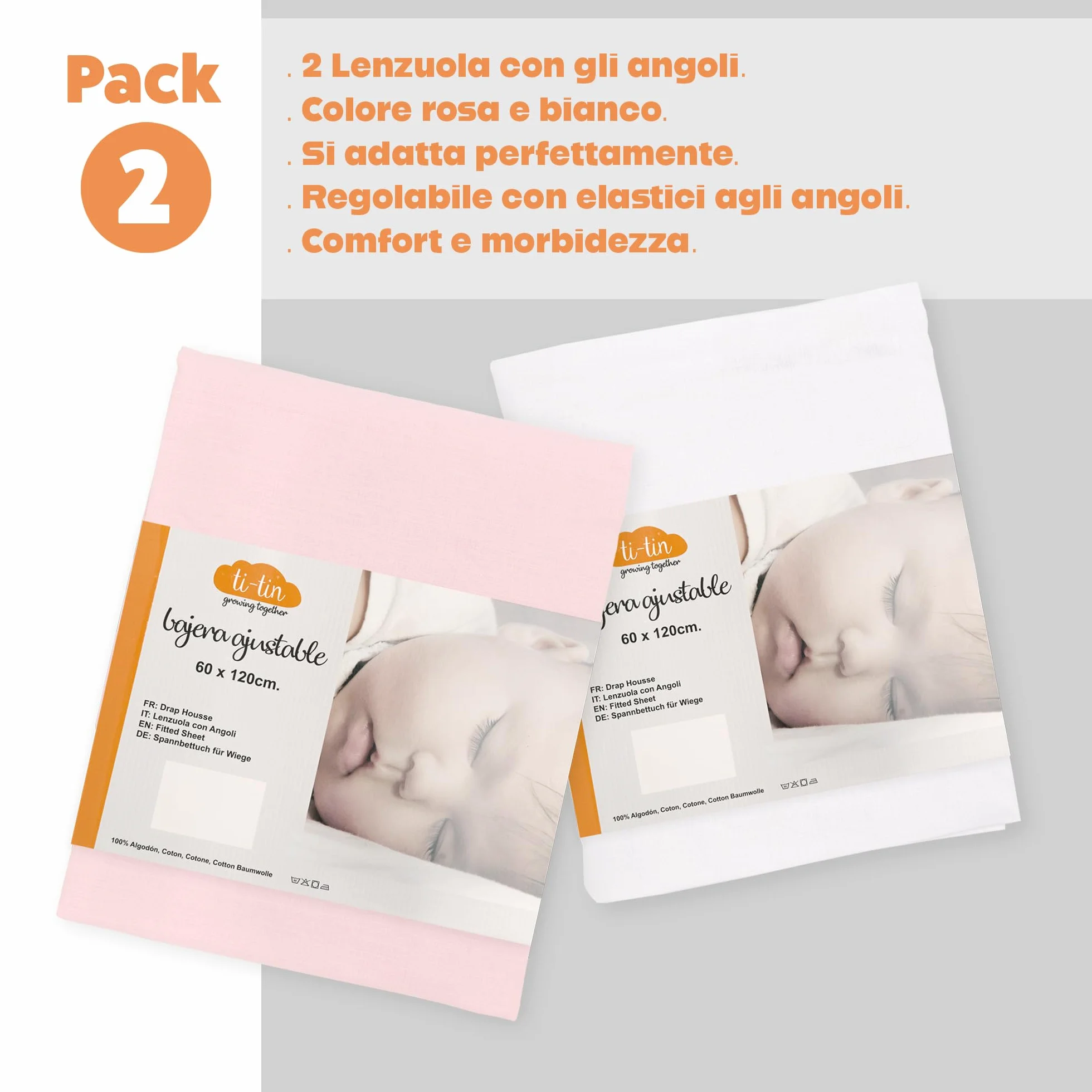 Ti TIN Confezione da 2 Lenzuola con Angoli per Culla 100% Cotone | Set di 2 Lenzuola Regolabili con Elastici, 60x120 cm, 1 Lenzuolo Bianco + 1 Lenzuolo Rosa | 100% cotone, gommato, traspirante e morbido, facile da pulire, adatto all'asciugatrice