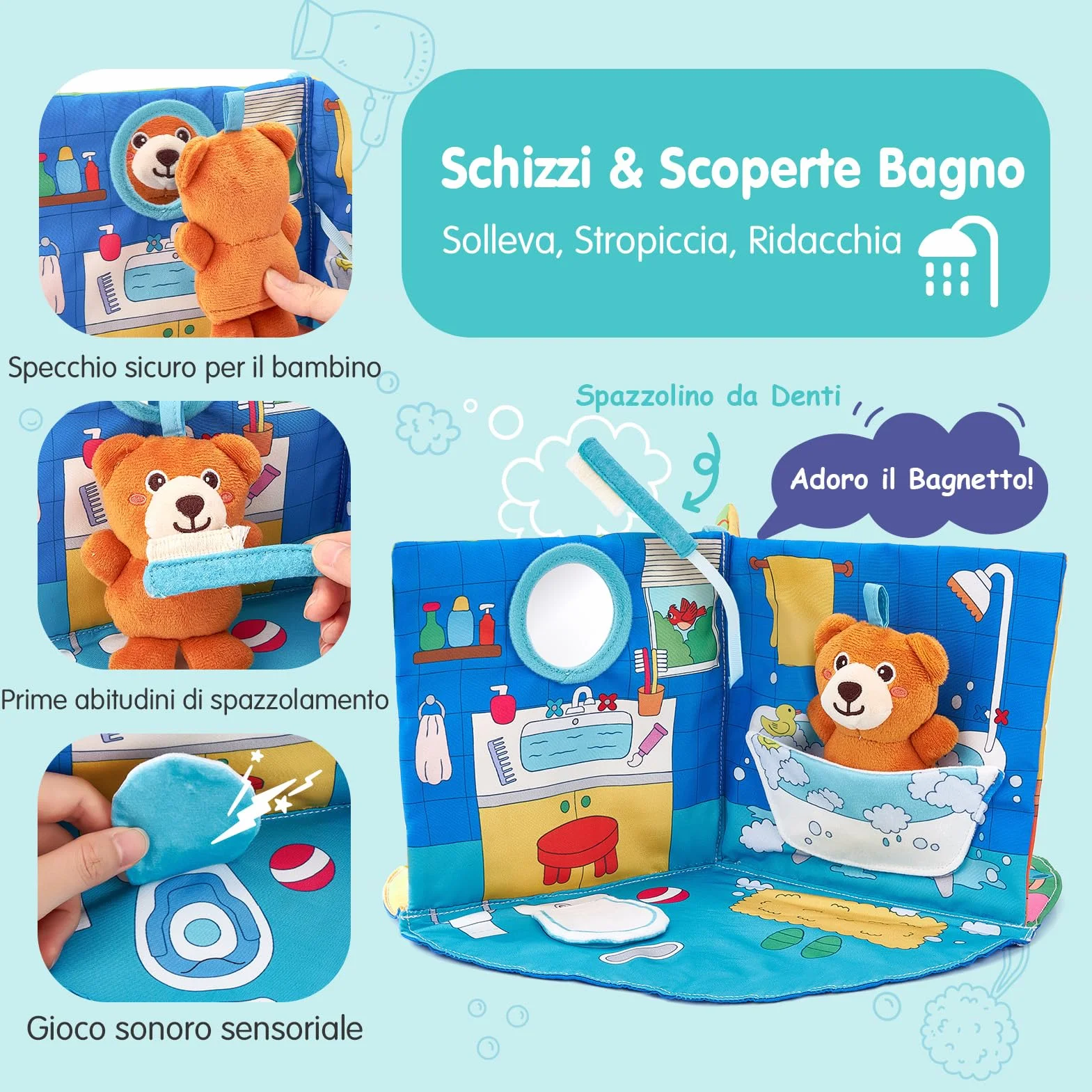 hahaland Libro Sensoriale Neonati 6-12 Mesi, 3 in 1 Morbidi Libro Montessori Interattivo con Specchio & Orsetti Rimovibili, Libri di Stoffa Giochi Tummy Time Neonato Giocattol 3 6 9 12 Mesi