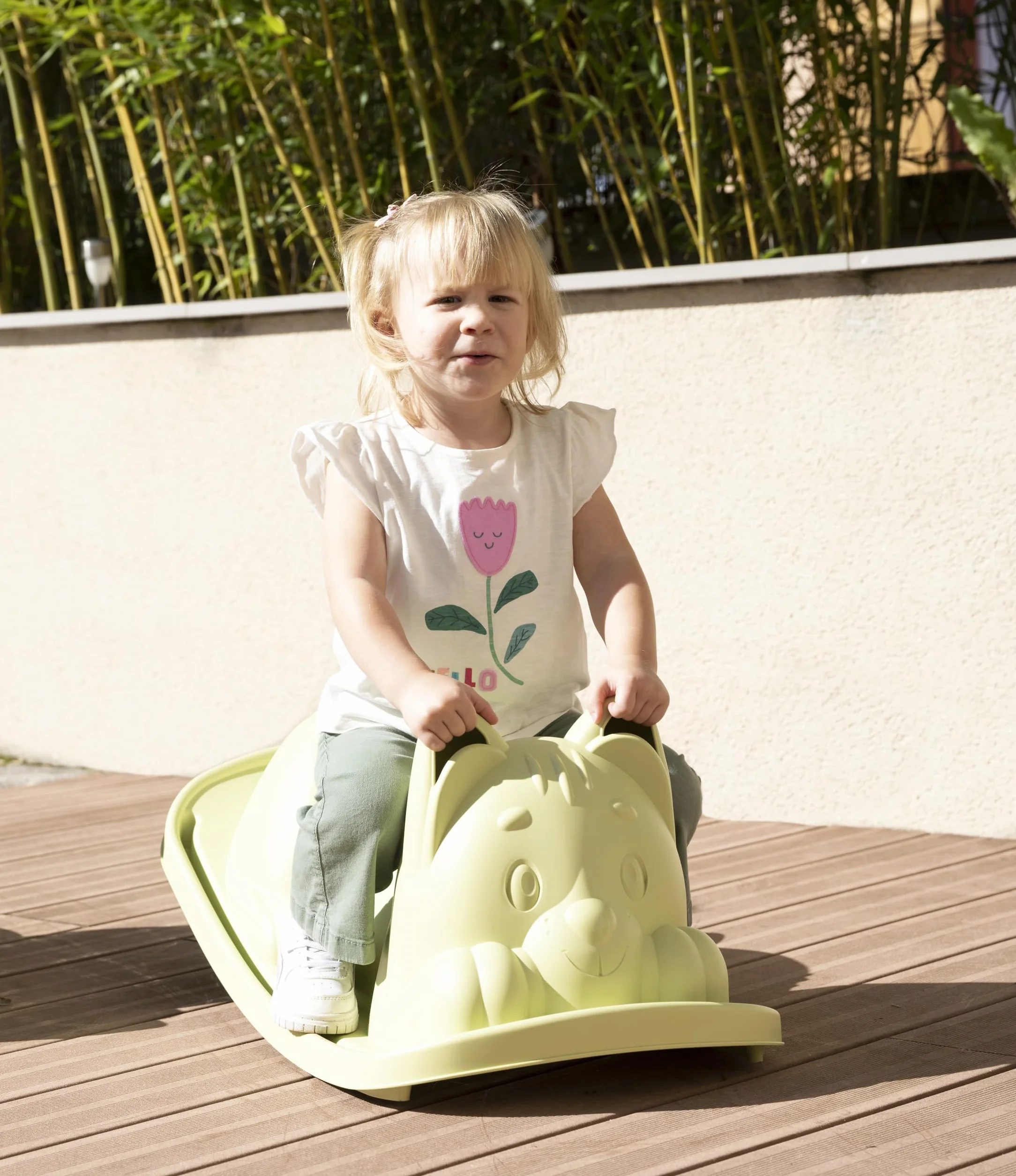 Smoby Life - Dondolo monoposto gatto Gatto, colore Verde, Seduta ergonomica, per bambini dai 18 mesi, con plastica Riciclata, 7600830108
