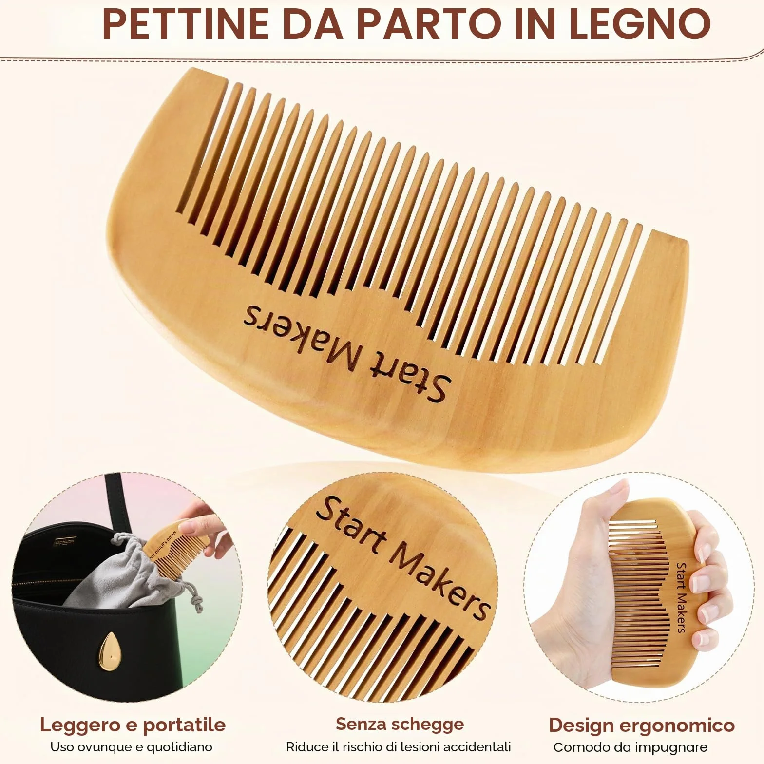 Start Makers Pettine da Parto & Pettine in Legno, Doppia Funzione per Travaglio e Capelli, Regalo Originale per Donna Incinta, Ideale per Ospedale e Dopo Parto