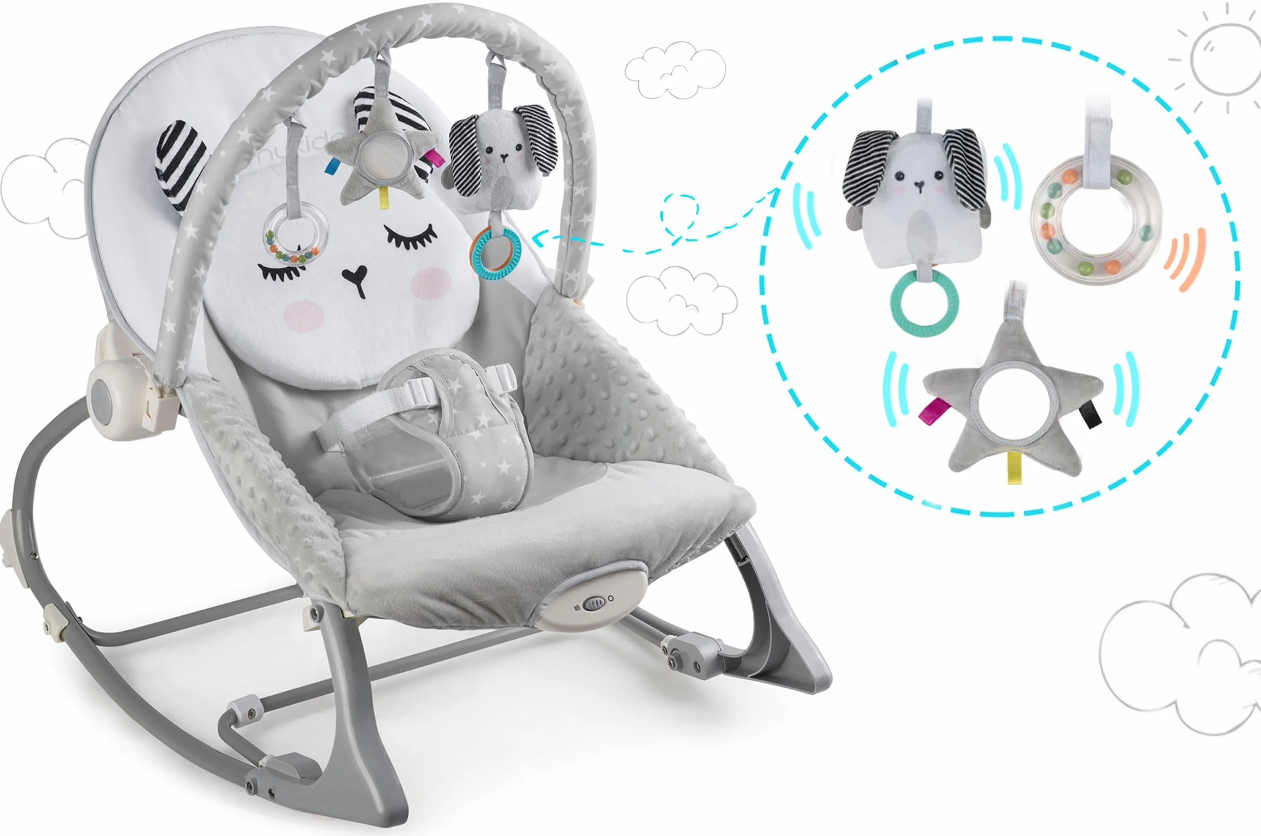 Nukido Sdraietta Neonati - Dondolino con Vibrazione e Giochi - Piedini Antiscivolo - fino a 18 kg Grigio