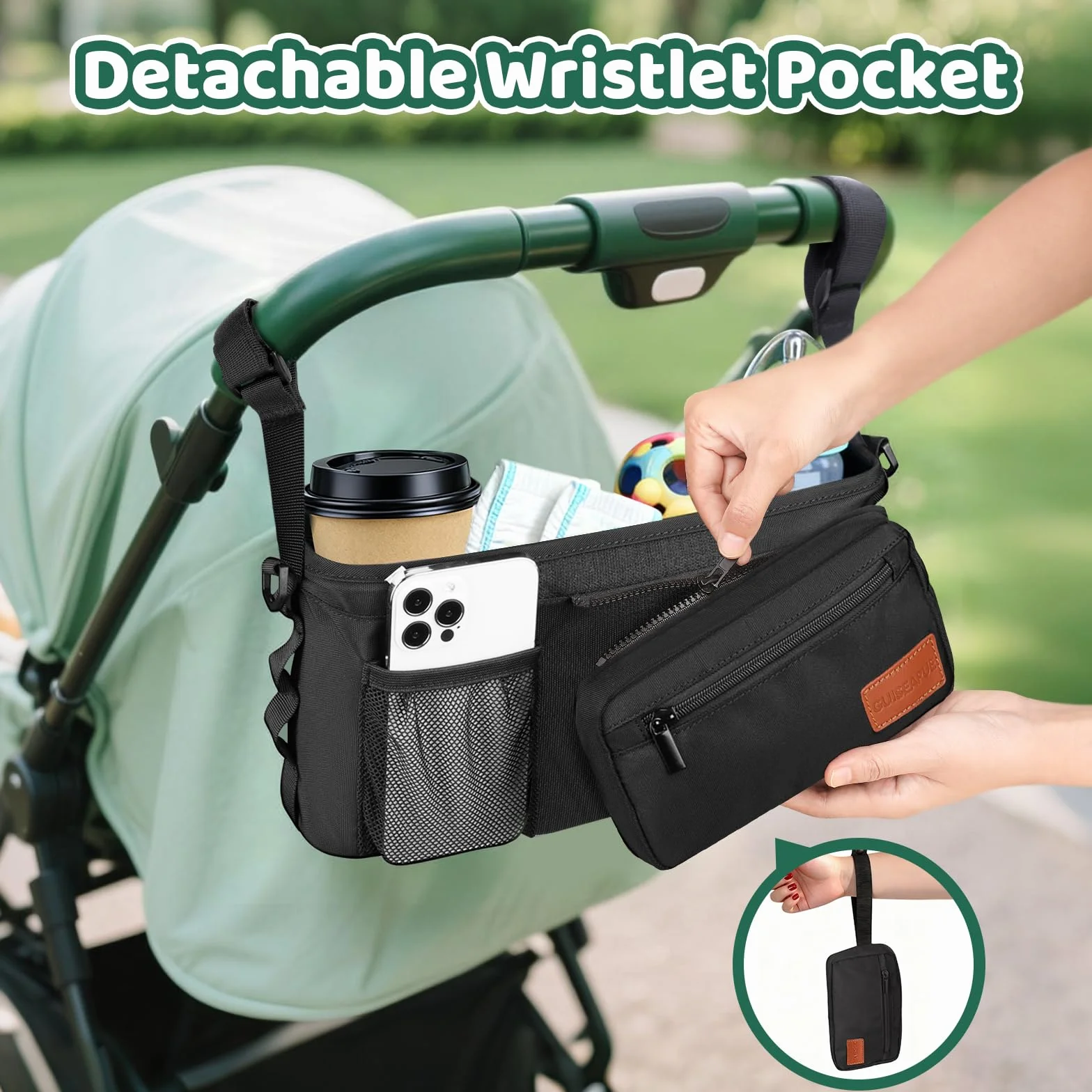 Guiseapue Organizer universale per passeggino con portabicchiere: accessori per passeggino con borsa per telefono rimovibile, adatto per Uppababy, cinghie antiscivolo, accessori per camminatori