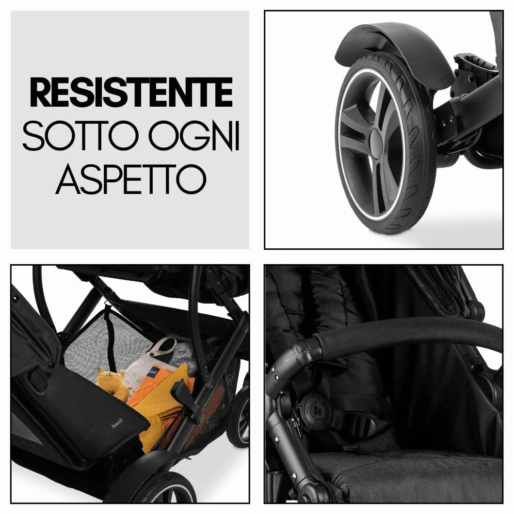 hauck Passeggino Gemellare Duett 4 - Passeggino Doppio per 2 Bambini, Fino a 36Kg, con Coprigambe e Parapioggia - Seduta Convertibile in Navicella Neonato - Nero