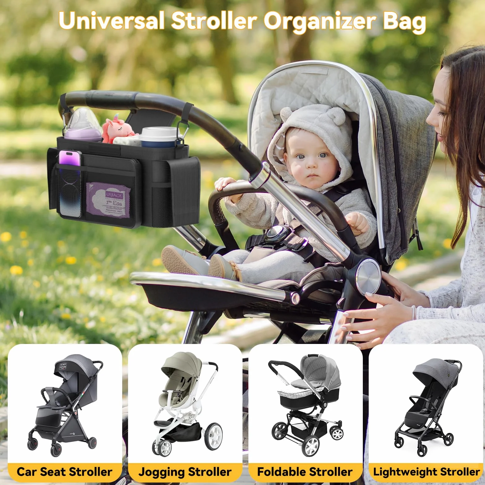 KDD Borsa Passeggino con Portabicchieri Isolato, Borsa per Passeggino con Tasca da Polso e Tracolla Staccabili, Organizer per Passeggino Universale, Borsa Carrozzina Neonato per Uppababy, Doona, Nuna